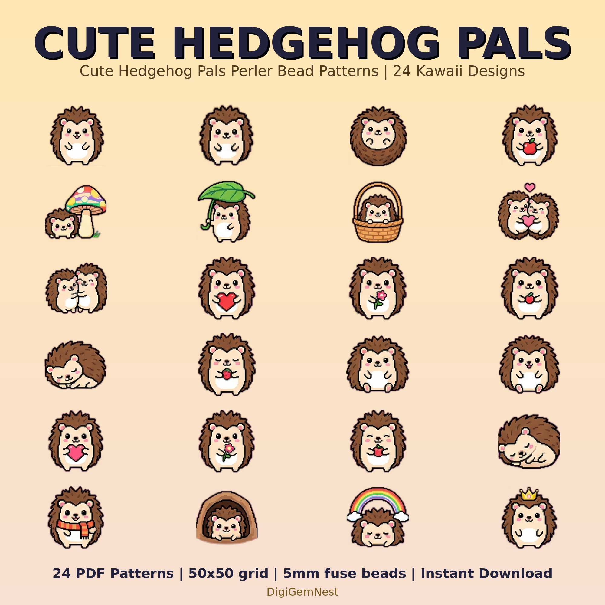 Cute Hedgehog Pals Perler Bead Pattern Bundle | 24 Designs | Hama Bead Compatible | PDF Digital Download