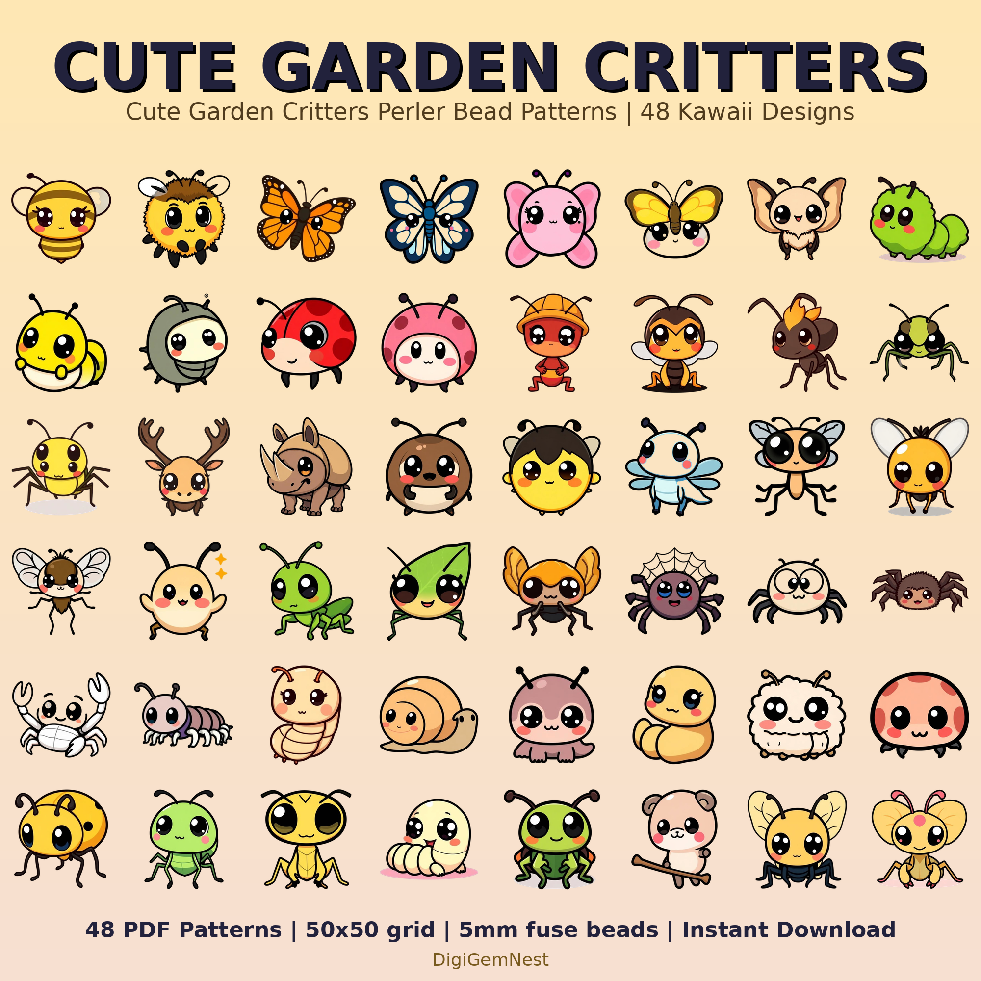 Cute Garden Critters Perler Bead Pattern Bundle | 48 Designs | Hama Bead Compatible | PDF Digital Download