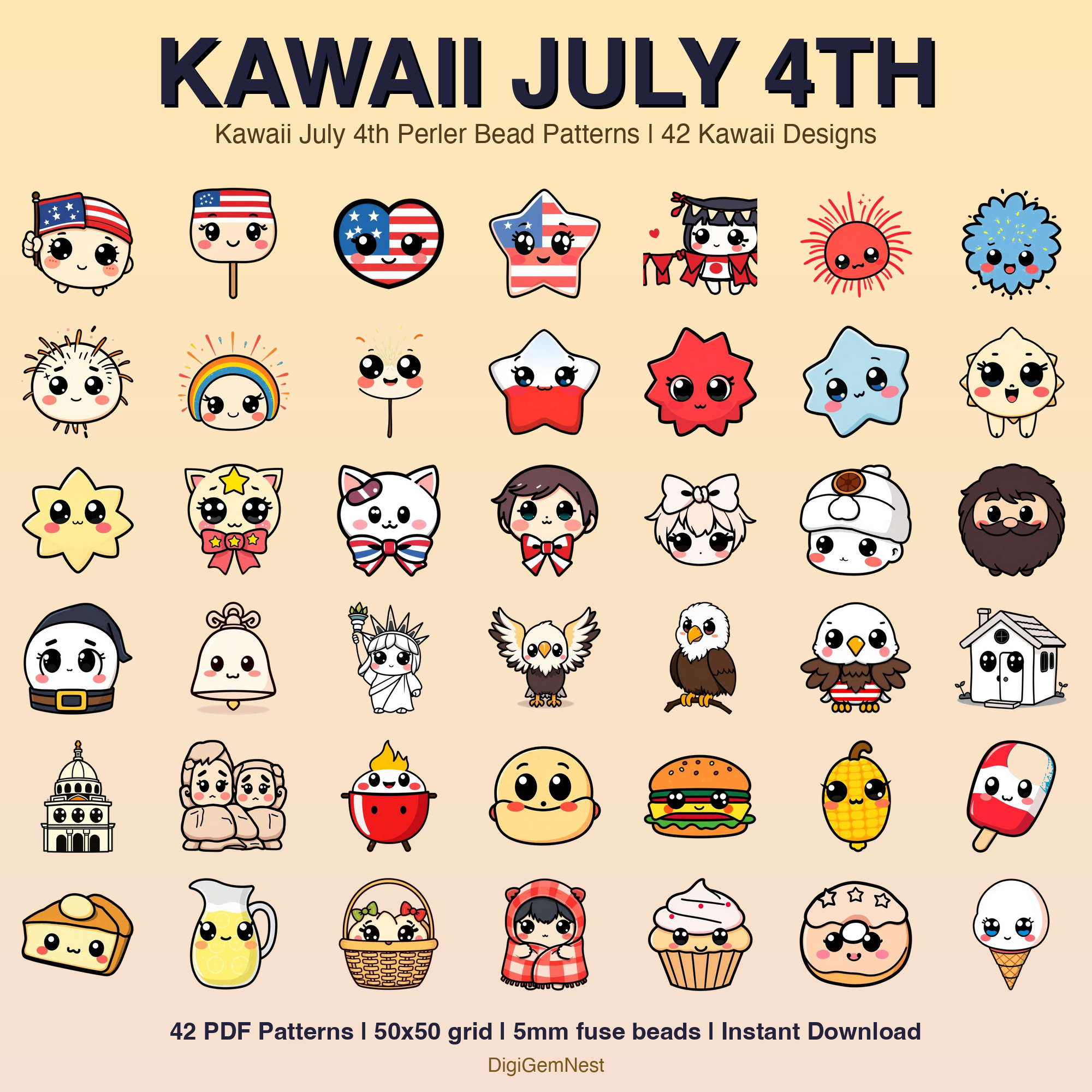 Kawaii July 4th Perler Bead Pattern Bundle | 42 Designs | Hama Bead Compatible | PDF Digital Download