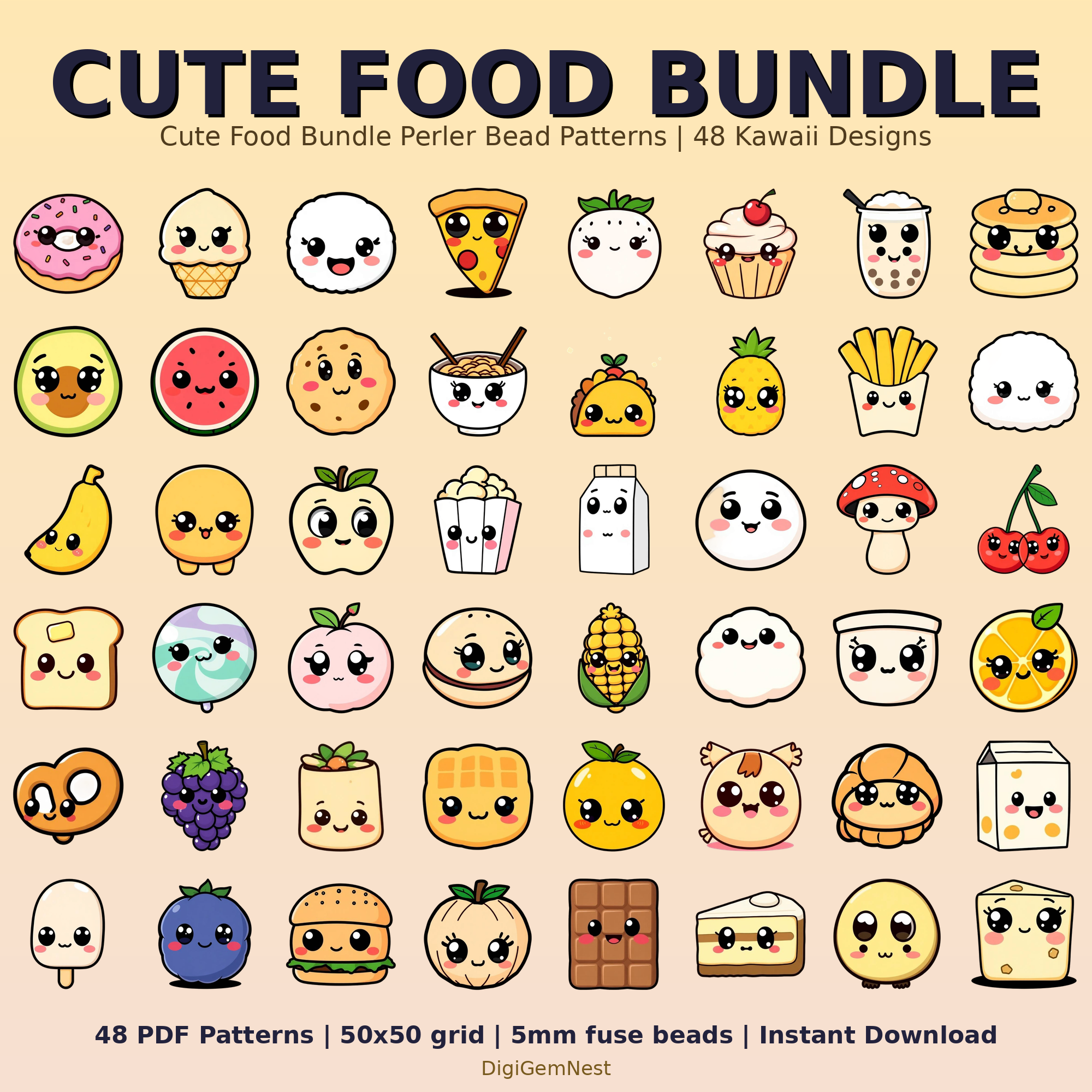 Cute Cute Food Bundle Perler Bead Pattern Bundle | 48 Designs | Hama Bead Compatible | PDF Digital Download