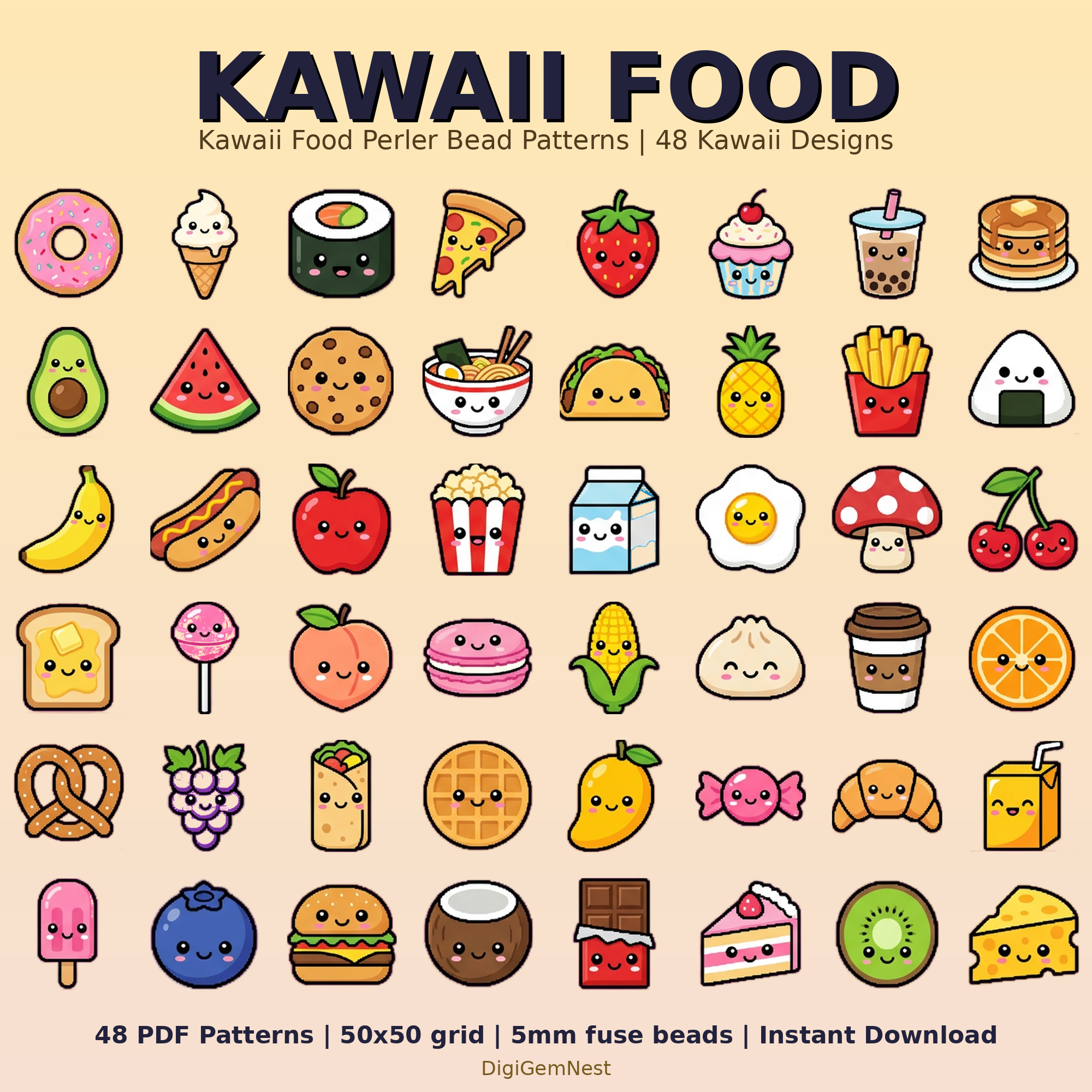 Cute Kawaii Food Perler Bead Pattern Bundle | 48 Designs | Hama Bead Compatible | PDF Digital Download