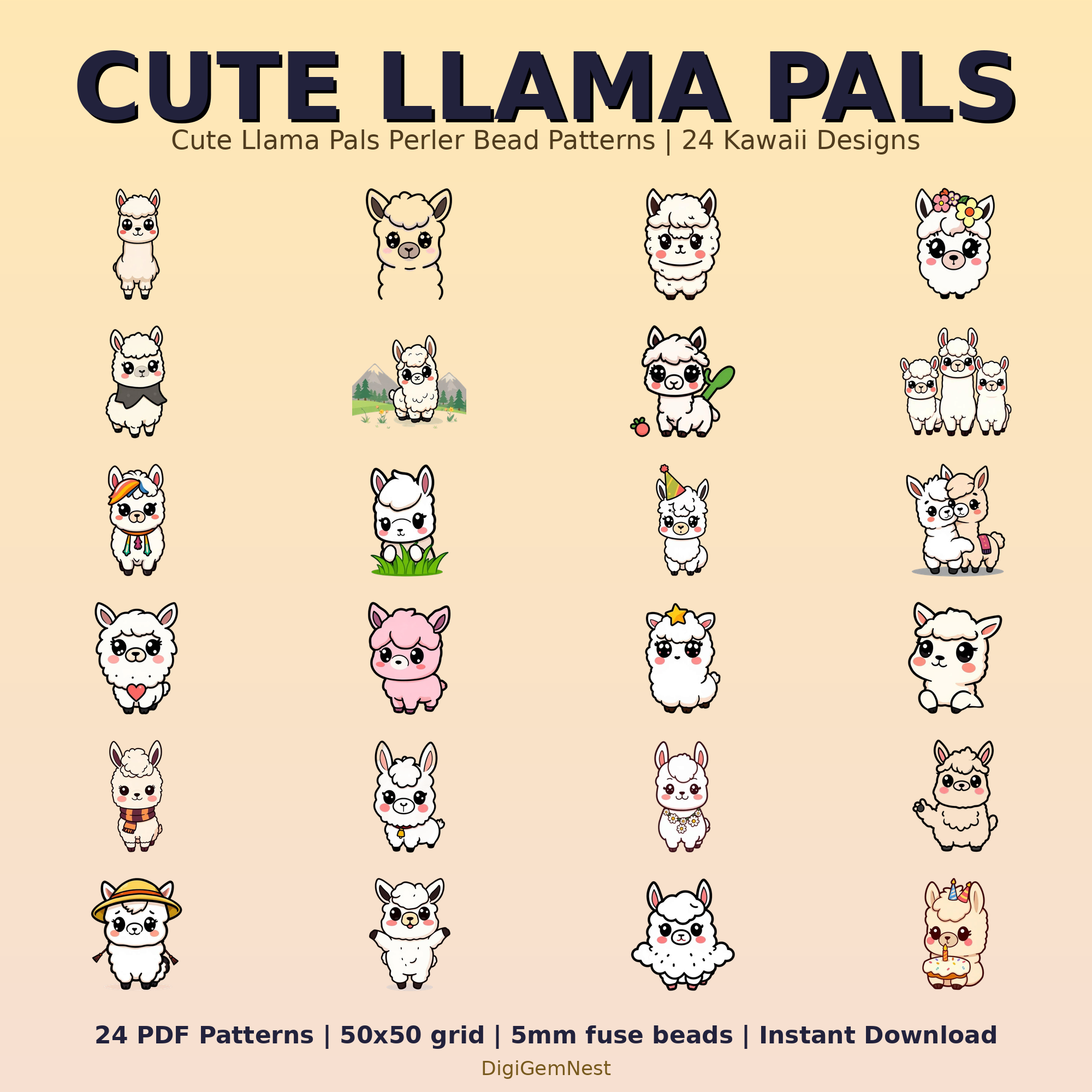 Cute Llama Pals Perler Bead Pattern Bundle | 24 Designs | Hama Bead Compatible | PDF Digital Download
