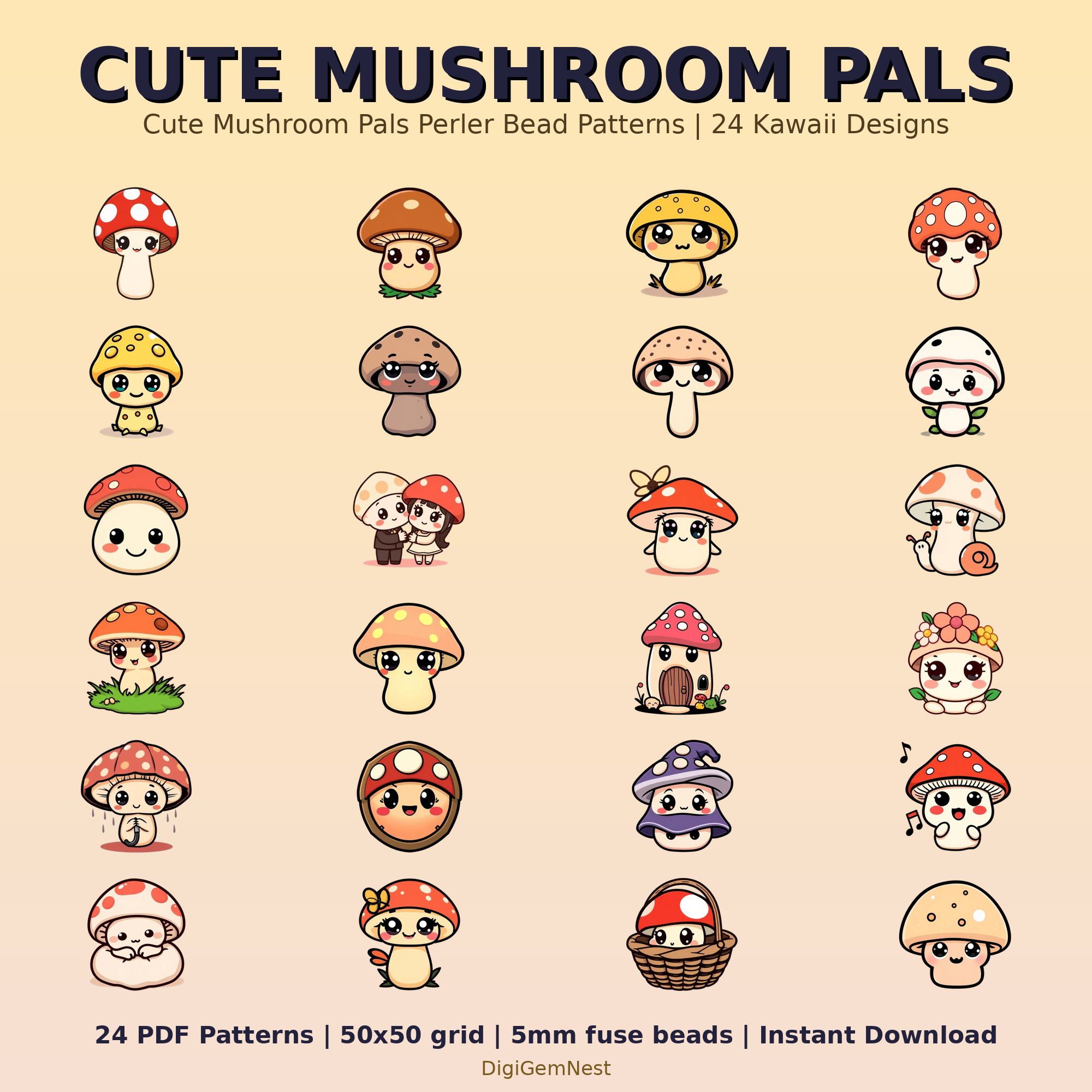 Cute Mushroom Pals Perler Bead Pattern Bundle | 24 Designs | Hama Bead Compatible | PDF Digital Download