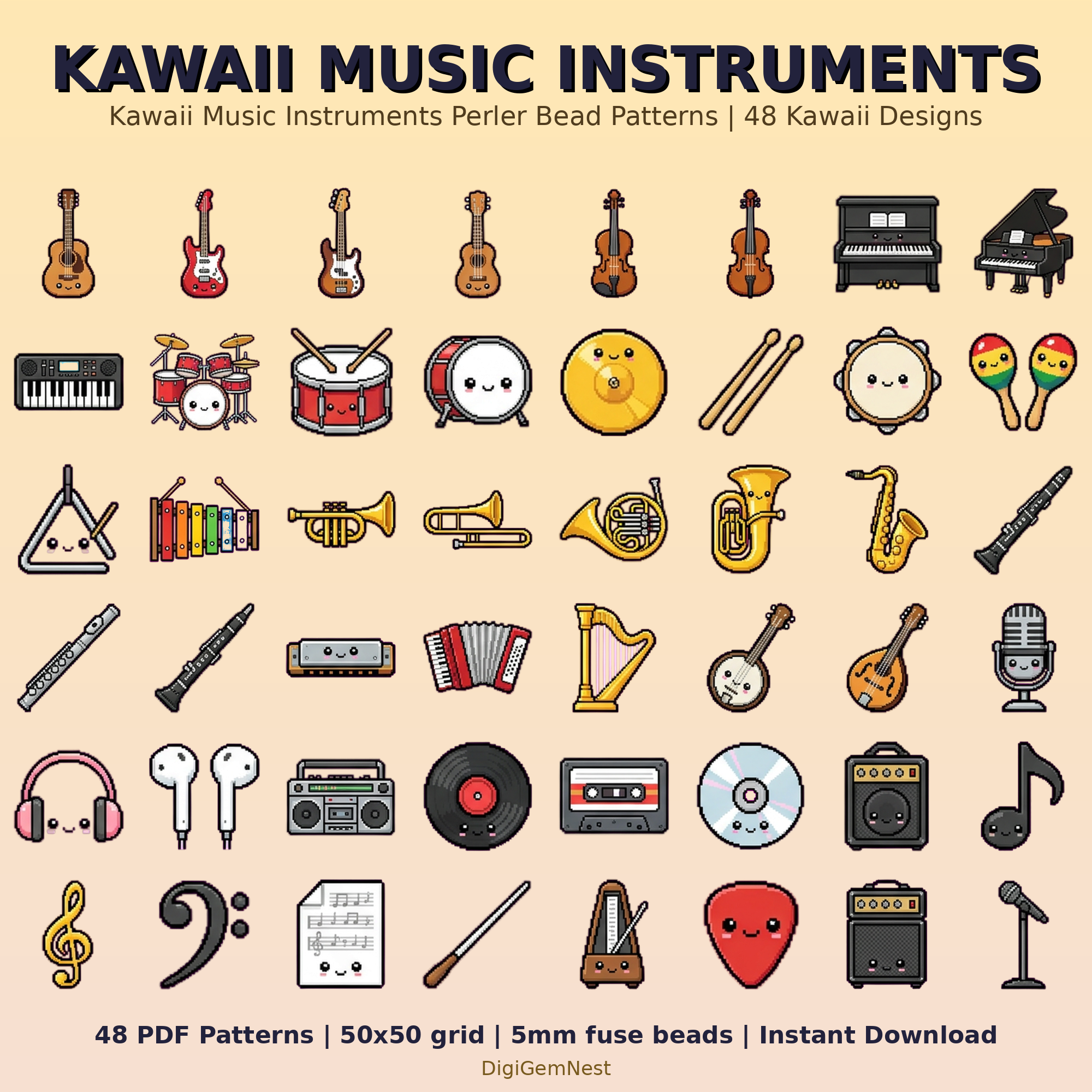 Kawaii Music Instruments Perler Bead Pattern Bundle | 48 Designs | Hama Bead Compatible | PDF Digital Download