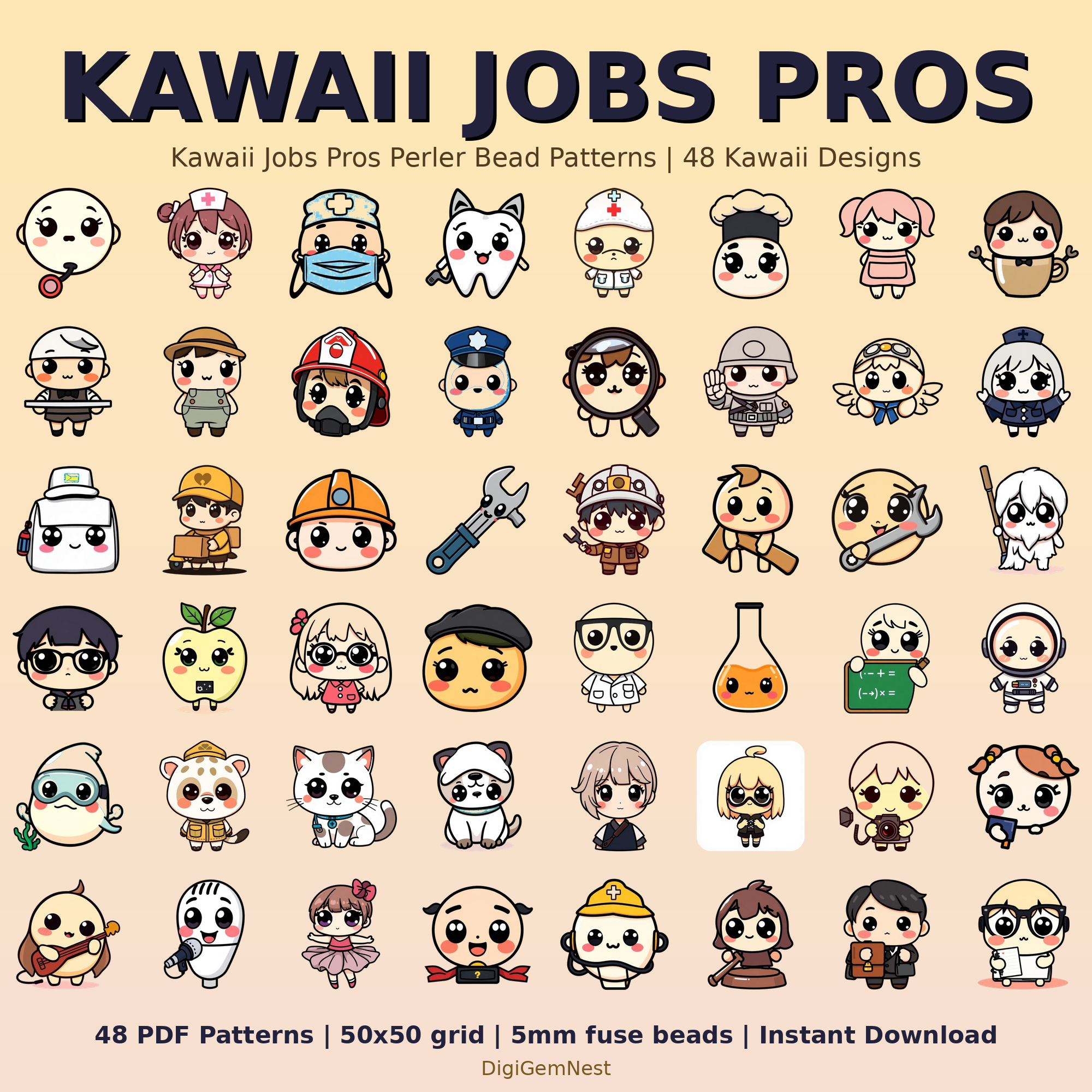 Kawaii Jobs Pros Perler Bead Pattern Bundle | 48 Designs | Hama Bead Compatible | PDF Digital Download