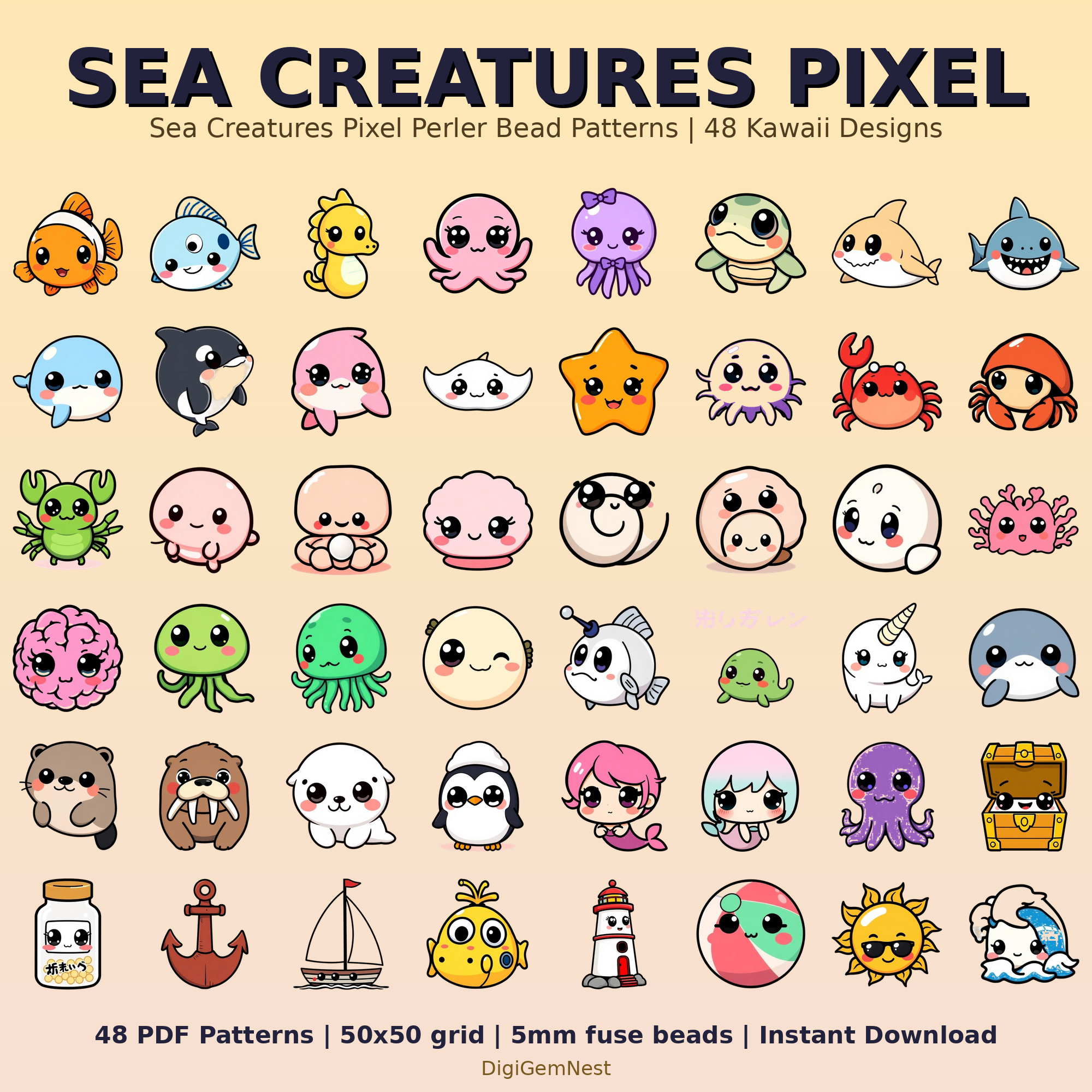 Cute Sea Creatures Pixel Perler Bead Pattern Bundle | 48 Designs | Hama Bead Compatible | PDF Digital Download