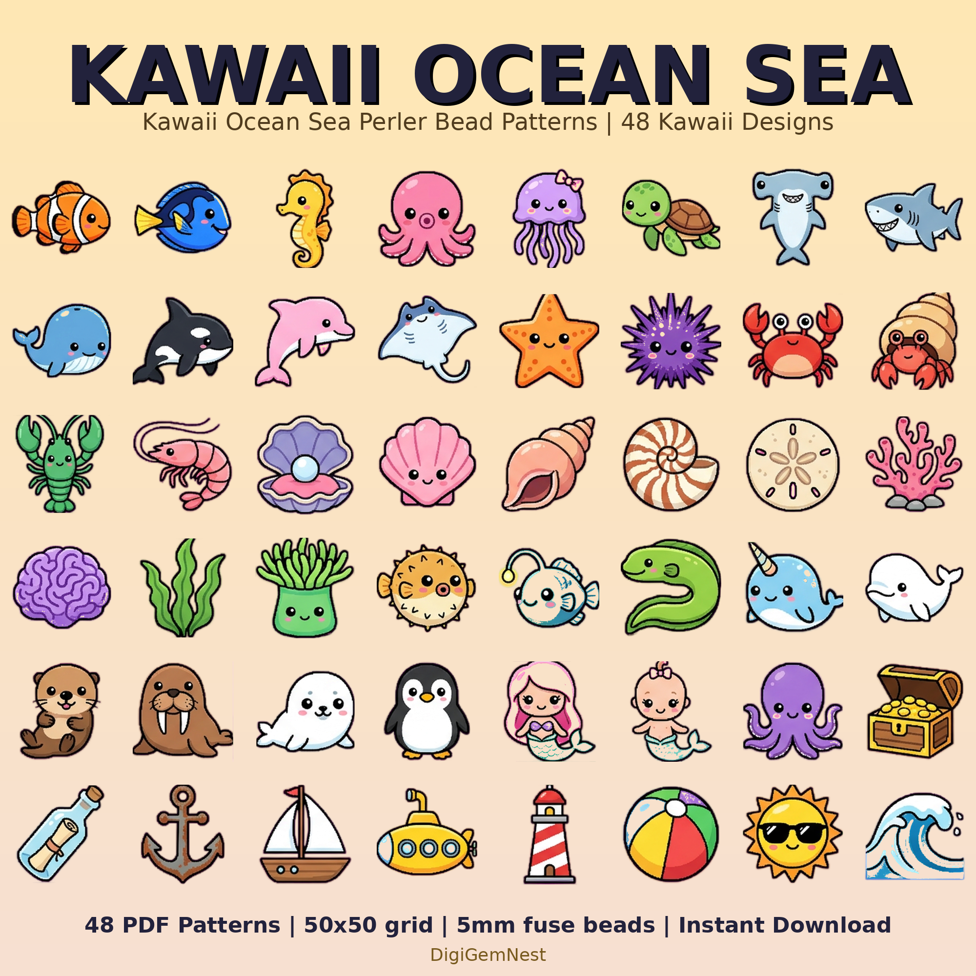 Cute Kawaii Ocean Sea Perler Bead Pattern Bundle | 48 Designs | Hama Bead Compatible | PDF Digital Download