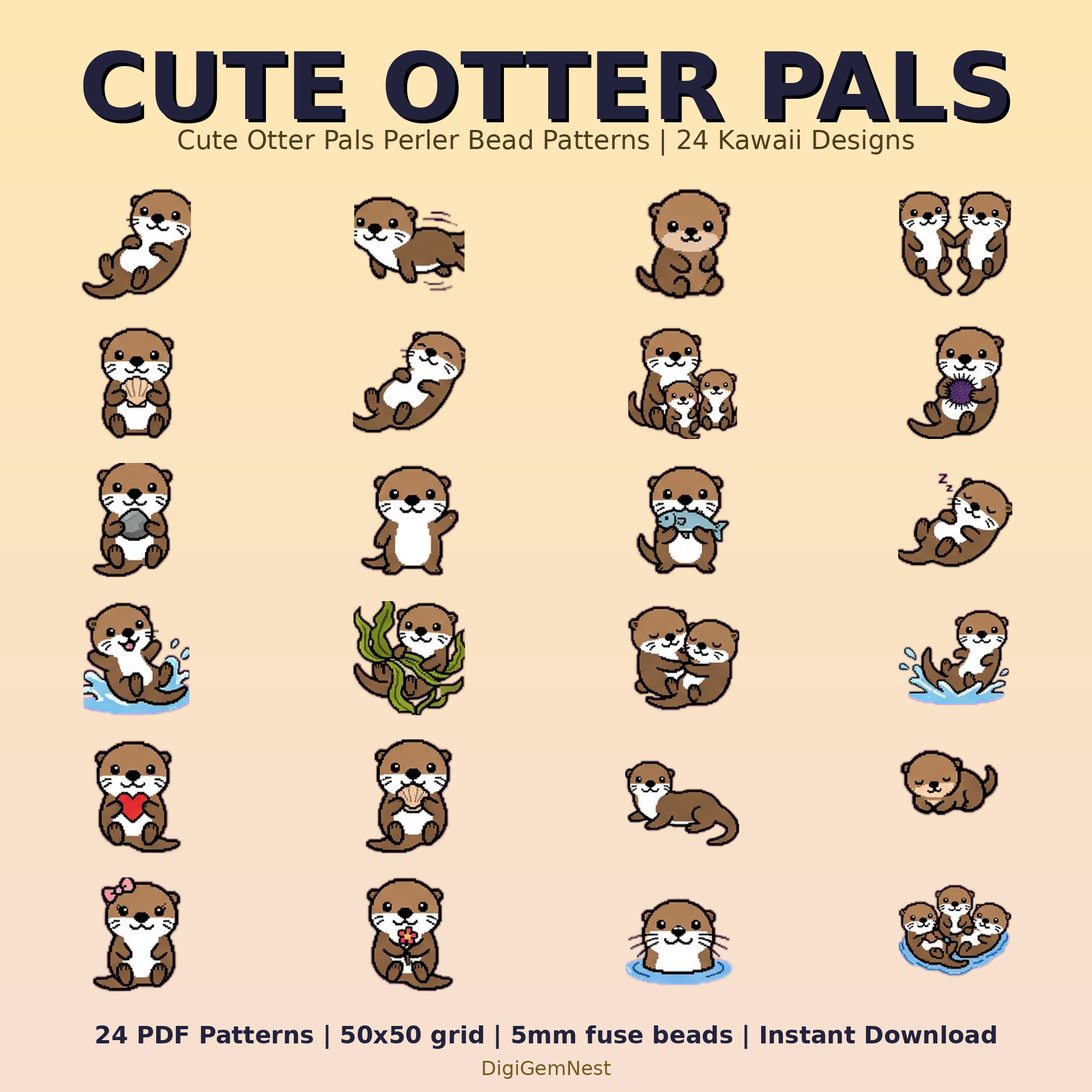 Cute Otter Pals Perler Bead Pattern Bundle | 24 Designs | Hama Bead Compatible | PDF Digital Download