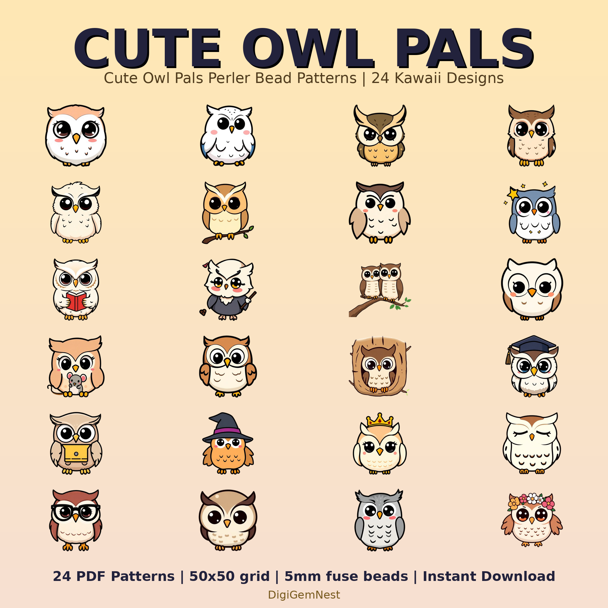 Cute Owl Pals Perler Bead Pattern Bundle | 24 Designs | Hama Bead Compatible | PDF Digital Download