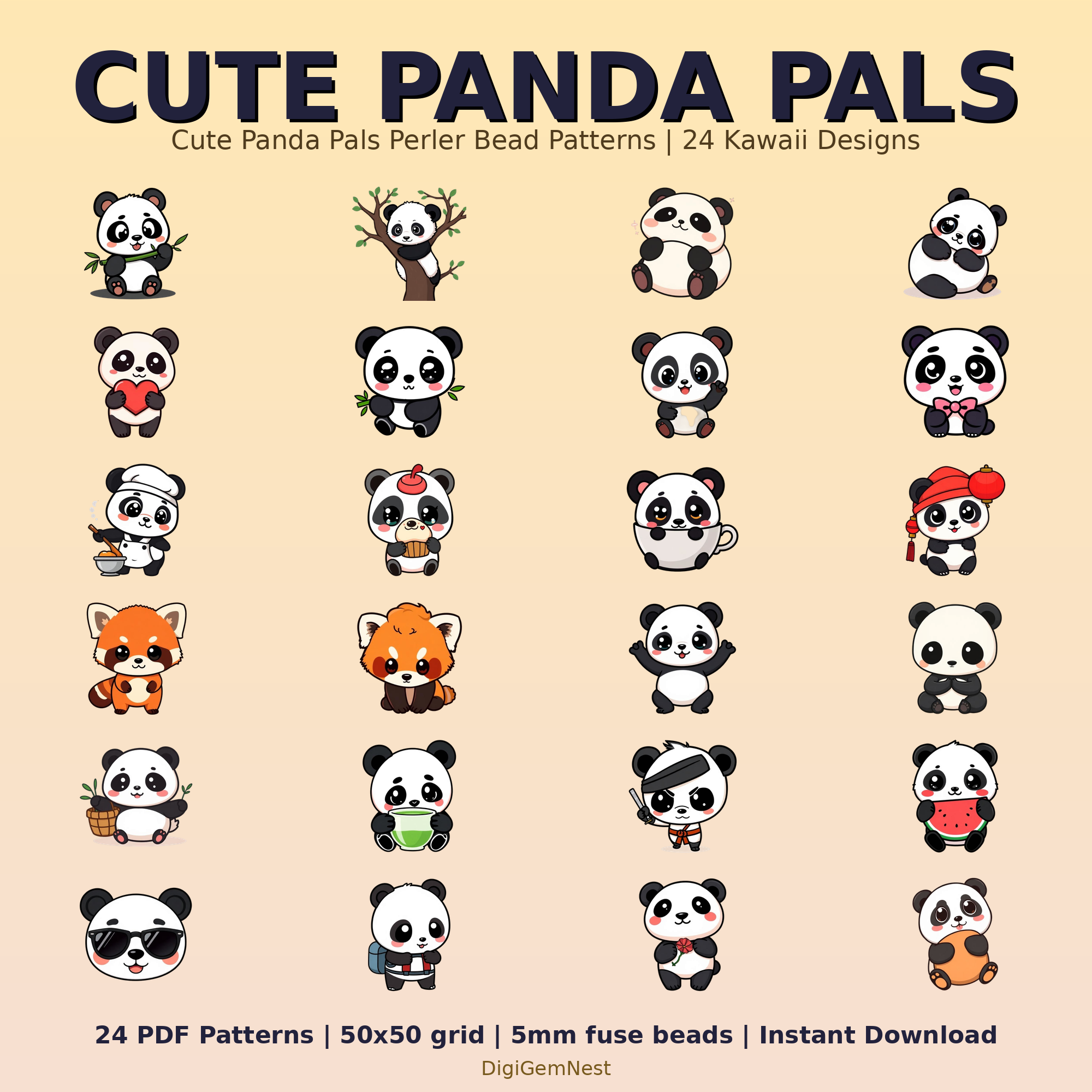 Cute Panda Pals Perler Bead Pattern Bundle | 24 Designs | Hama Bead Compatible | PDF Digital Download