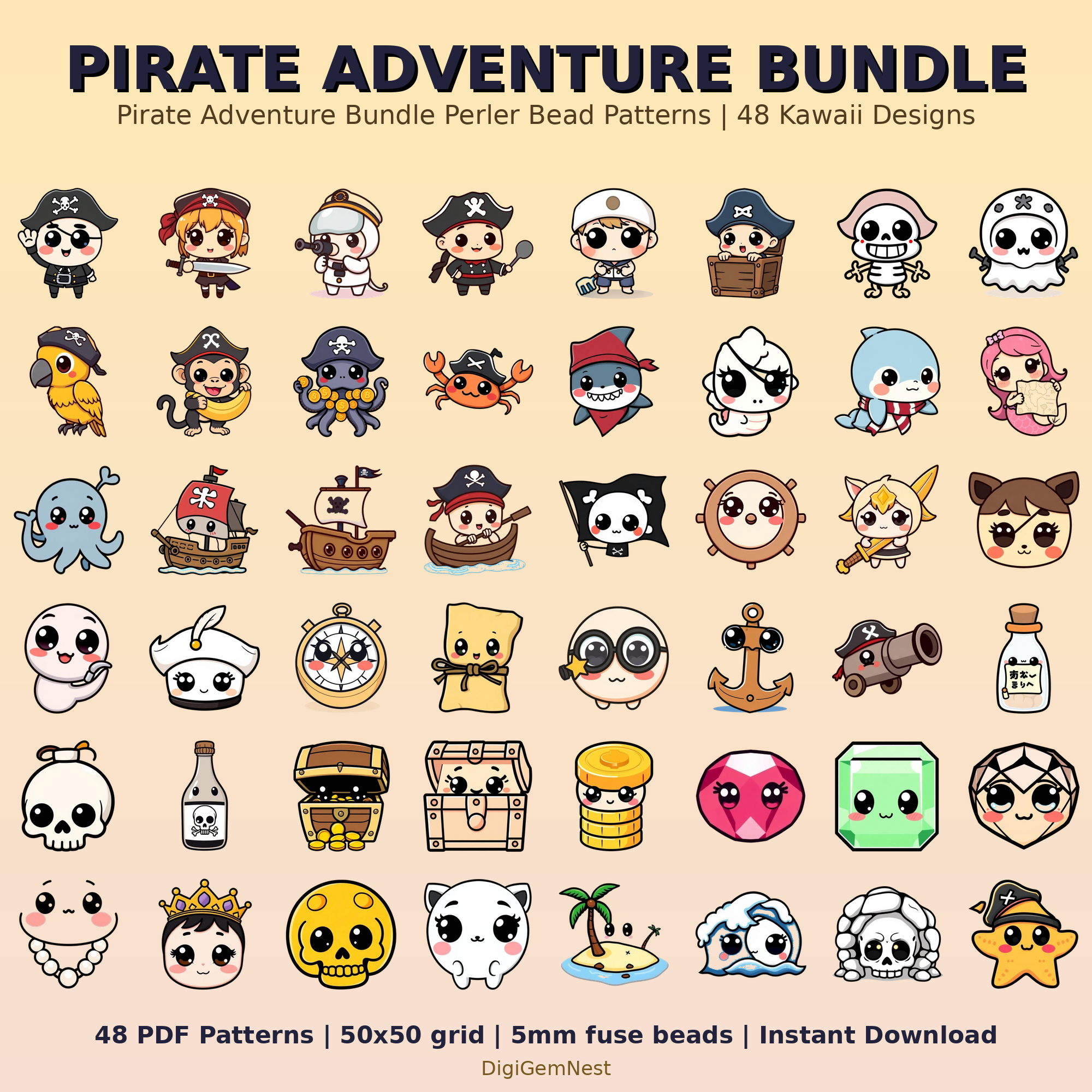 Cute Pirate Adventure Bundle Perler Bead Pattern Bundle | 48 Designs | Hama Bead Compatible | PDF Digital Download