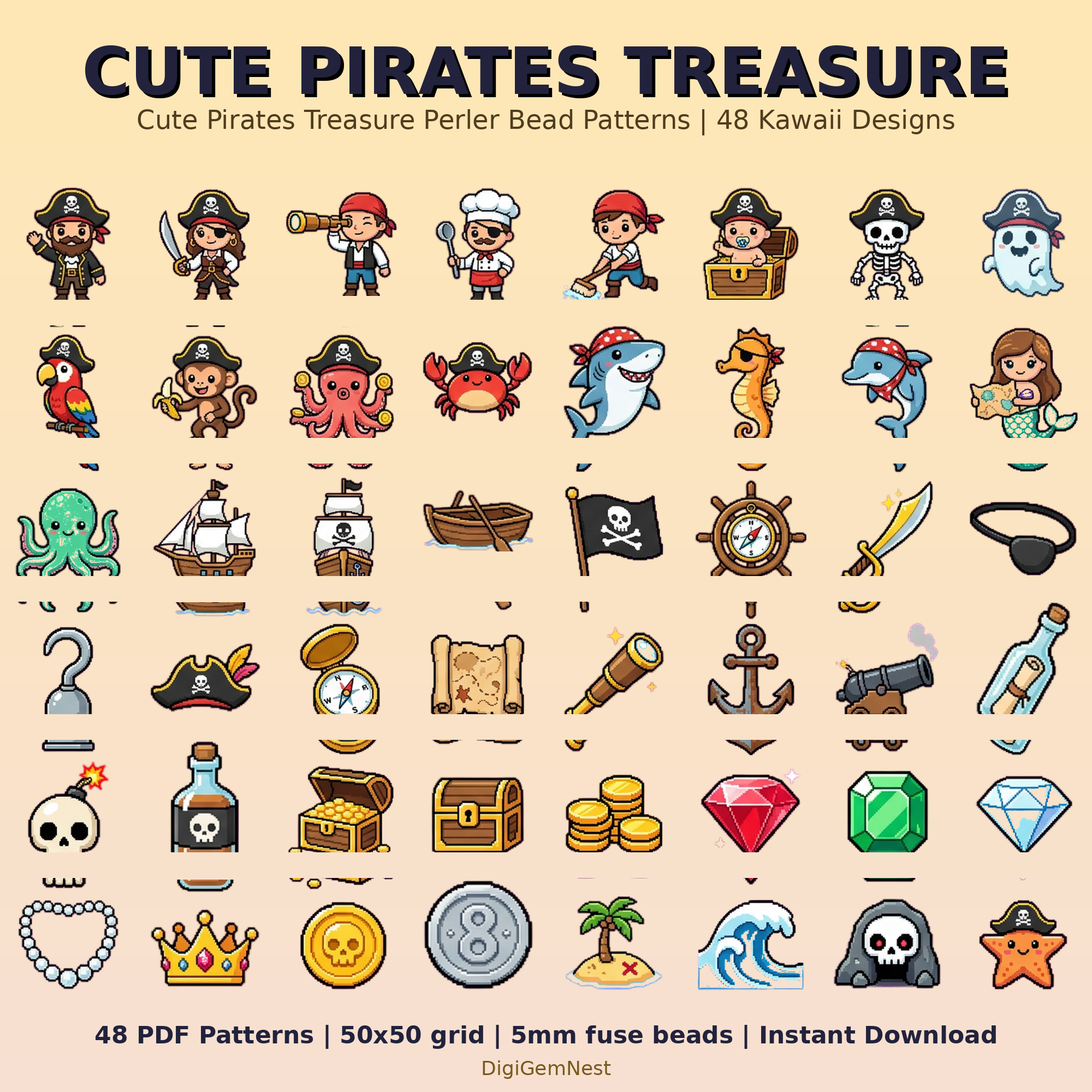 Cute Cute Pirates Treasure Perler Bead Pattern Bundle | 48 Designs | Hama Bead Compatible | PDF Digital Download