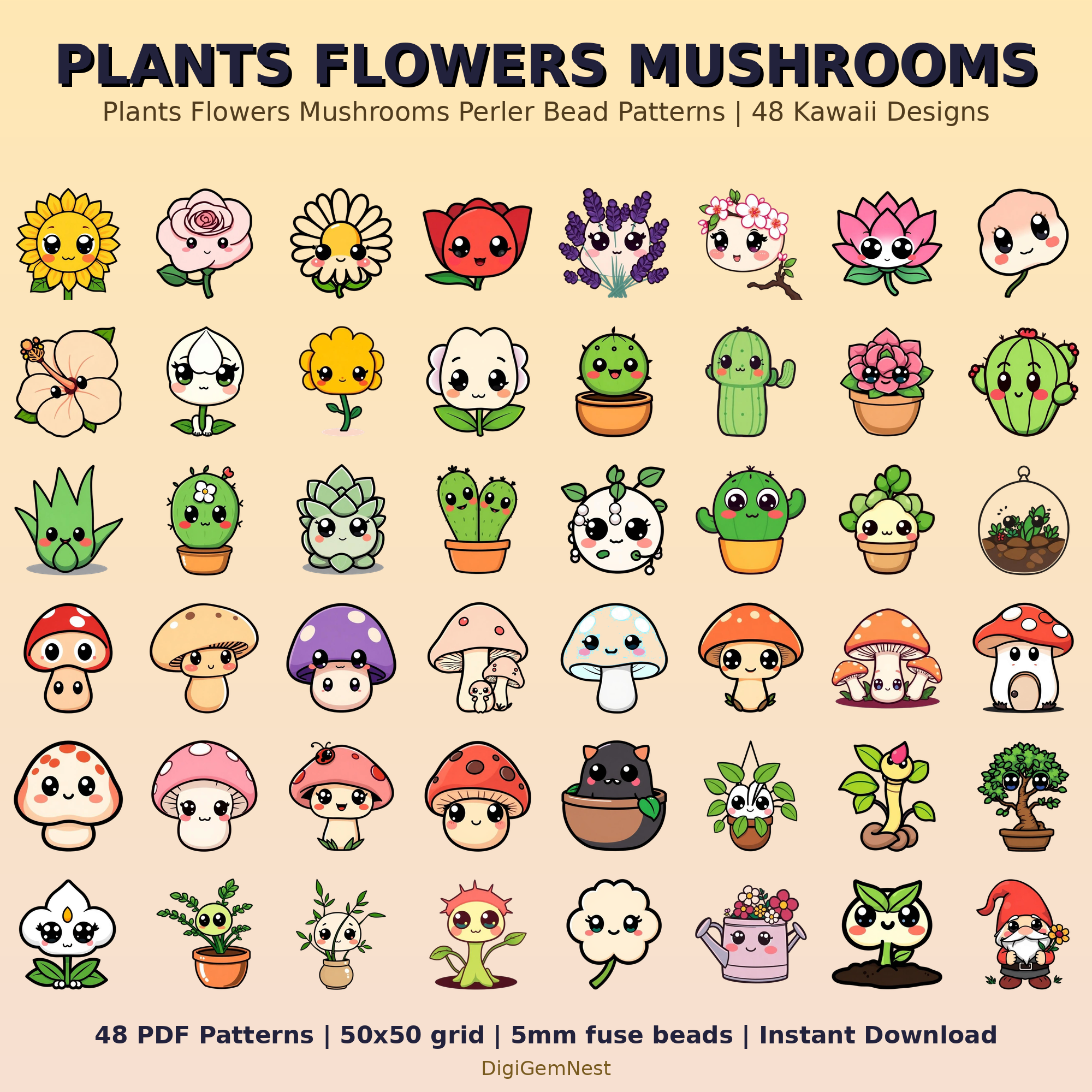 Cute Plants Flowers Mushrooms Perler Bead Pattern Bundle | 48 Designs | Hama Bead Compatible | PDF Digital Download