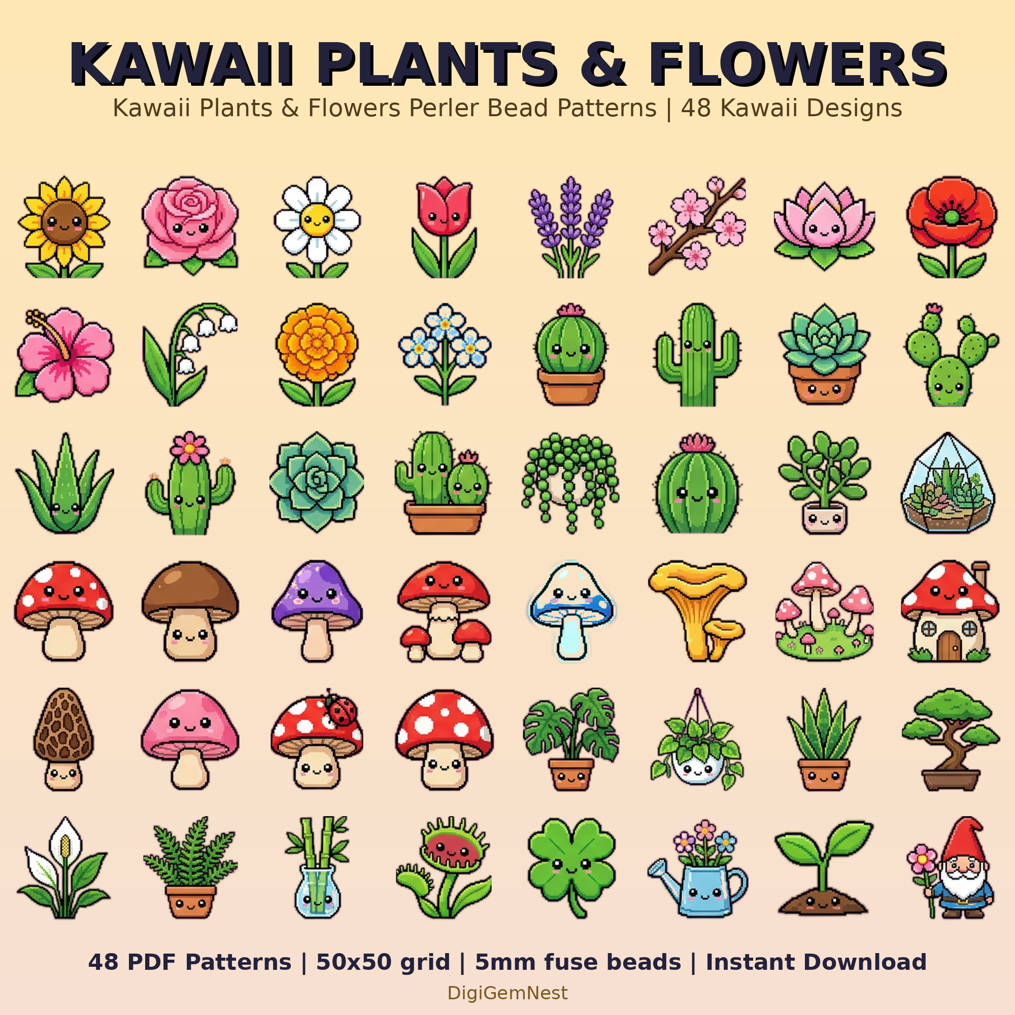 Cute Kawaii Plants & Flowers Perler Bead Pattern Bundle | 48 Designs | Hama Bead Compatible | PDF Digital Download