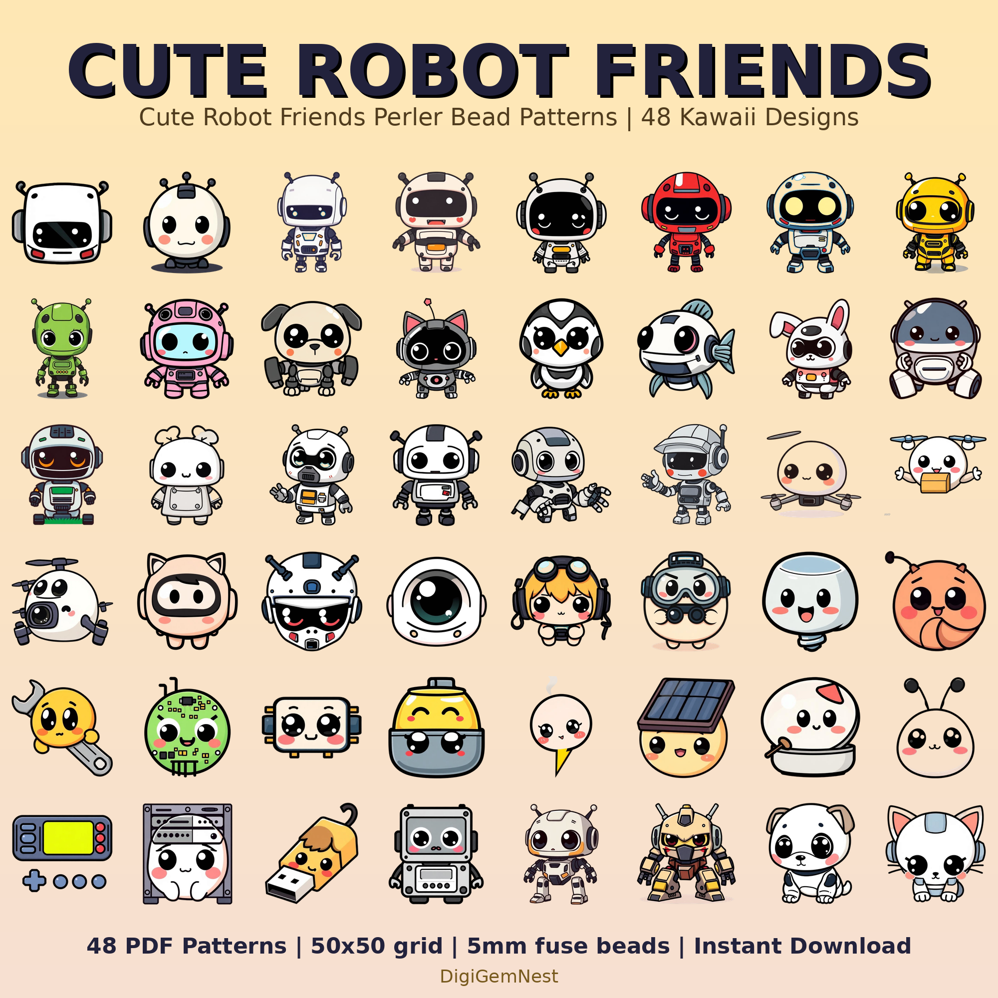 Cute Robot Friends Perler Bead Pattern Bundle | 48 Designs | Hama Bead Compatible | PDF Digital Download