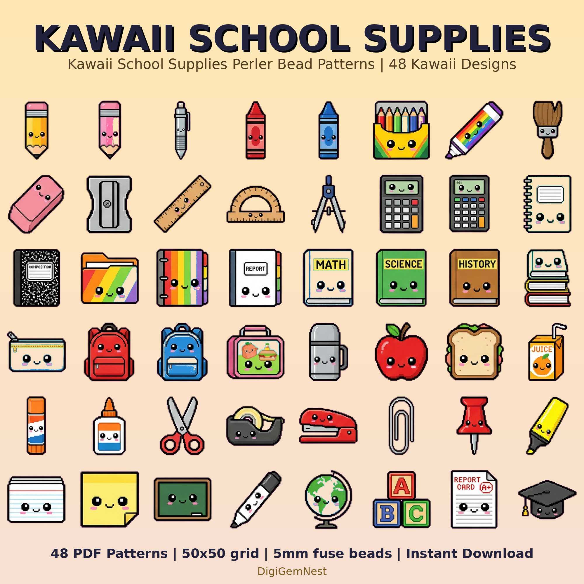 Kawaii School Supplies Perler Bead Pattern Bundle | 48 Designs | Hama Bead Compatible | PDF Digital Download