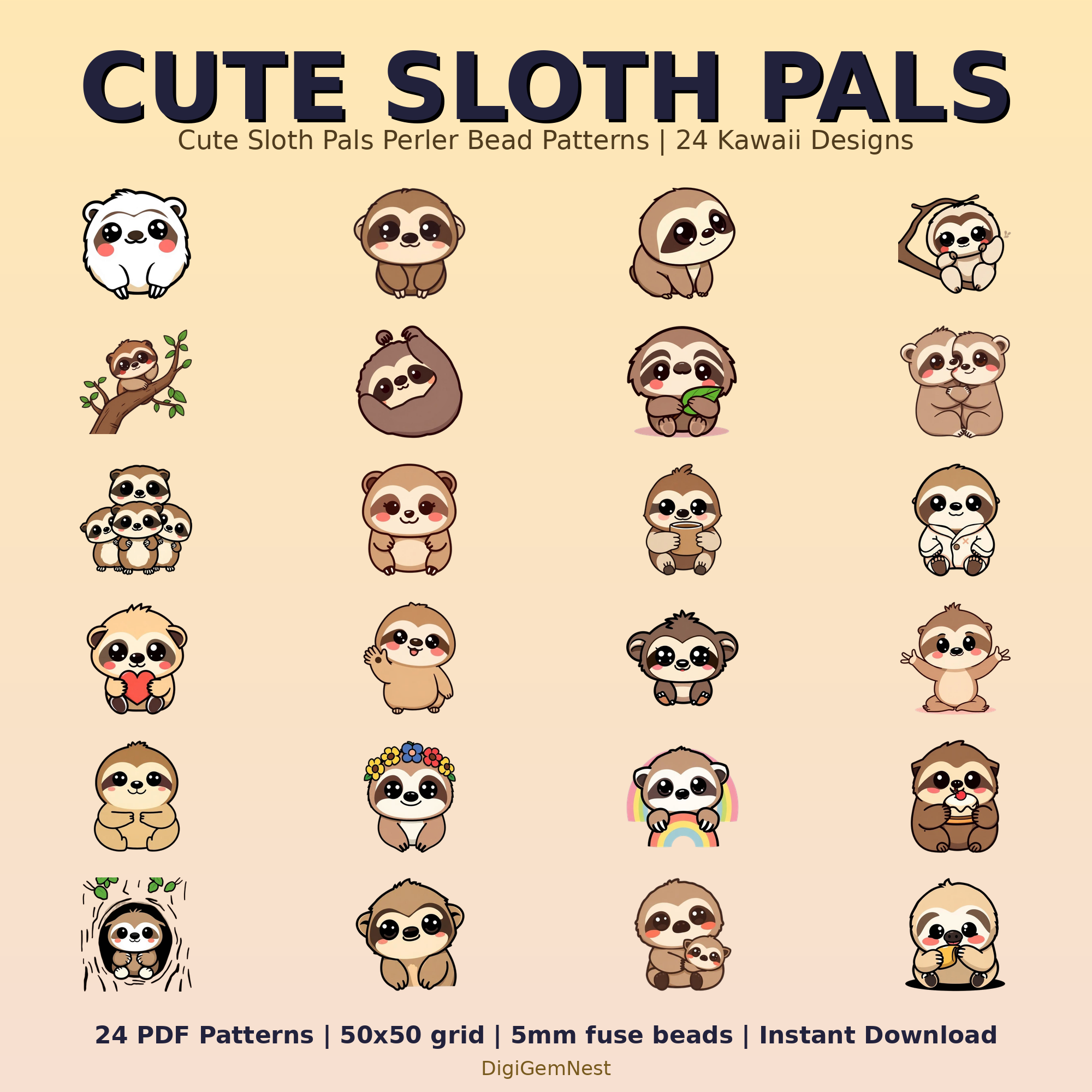 Cute Sloth Pals Perler Bead Pattern Bundle | 24 Designs | Hama Bead Compatible | PDF Digital Download