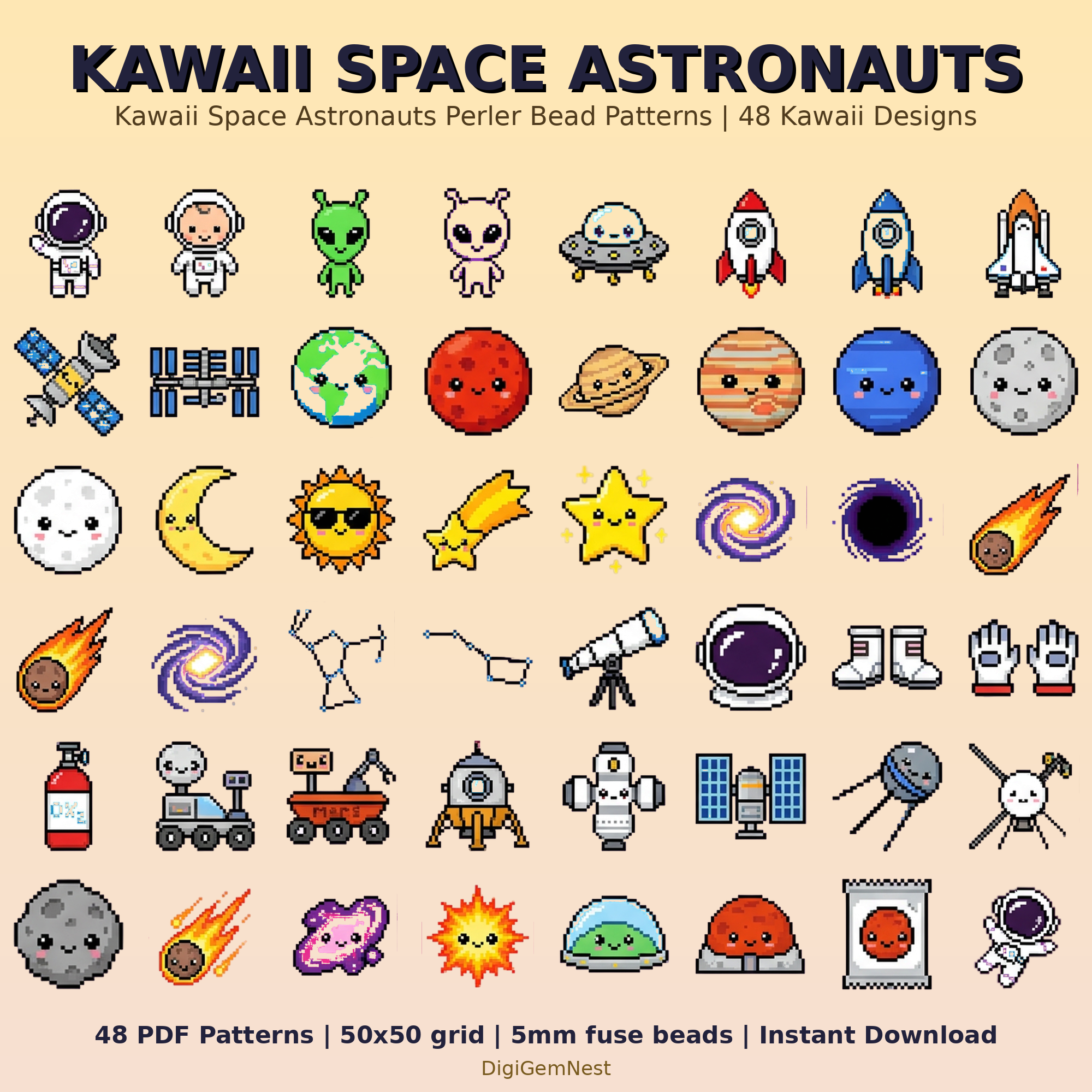 Kawaii Space Astronauts Perler Bead Pattern Bundle | 48 Designs | Hama Bead Compatible | PDF Digital Download