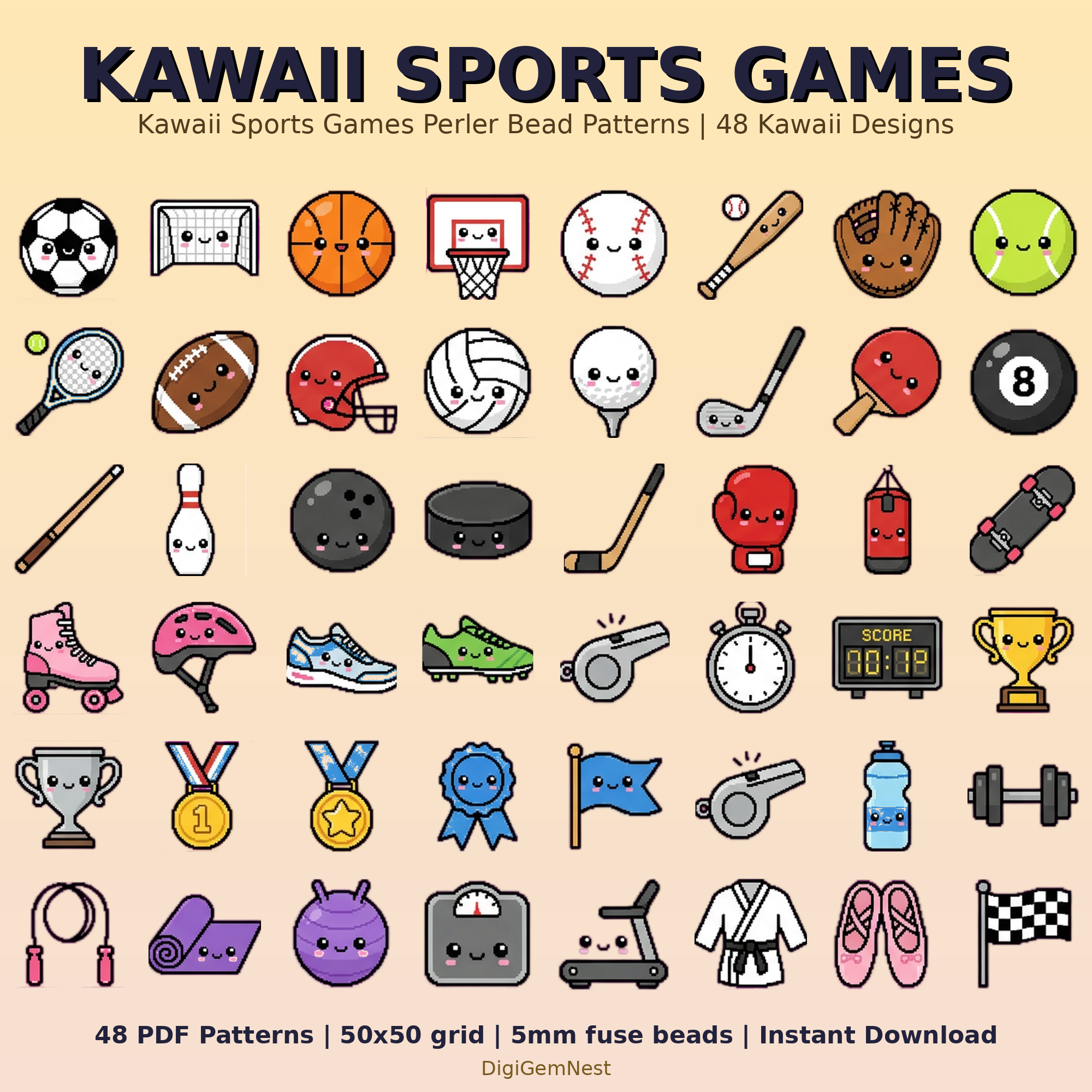 Kawaii Sports Games Perler Bead Pattern Bundle | 48 Designs | Hama Bead Compatible | PDF Digital Download