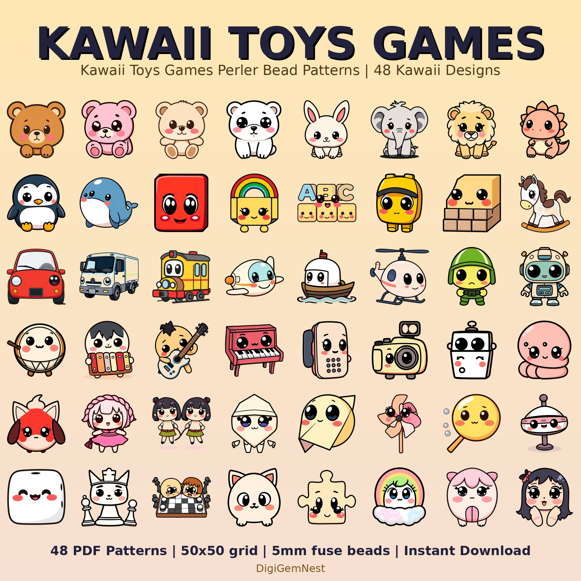Kawaii Toys Games Perler Bead Pattern Bundle | 48 Designs | Hama Bead Compatible | PDF Digital Download