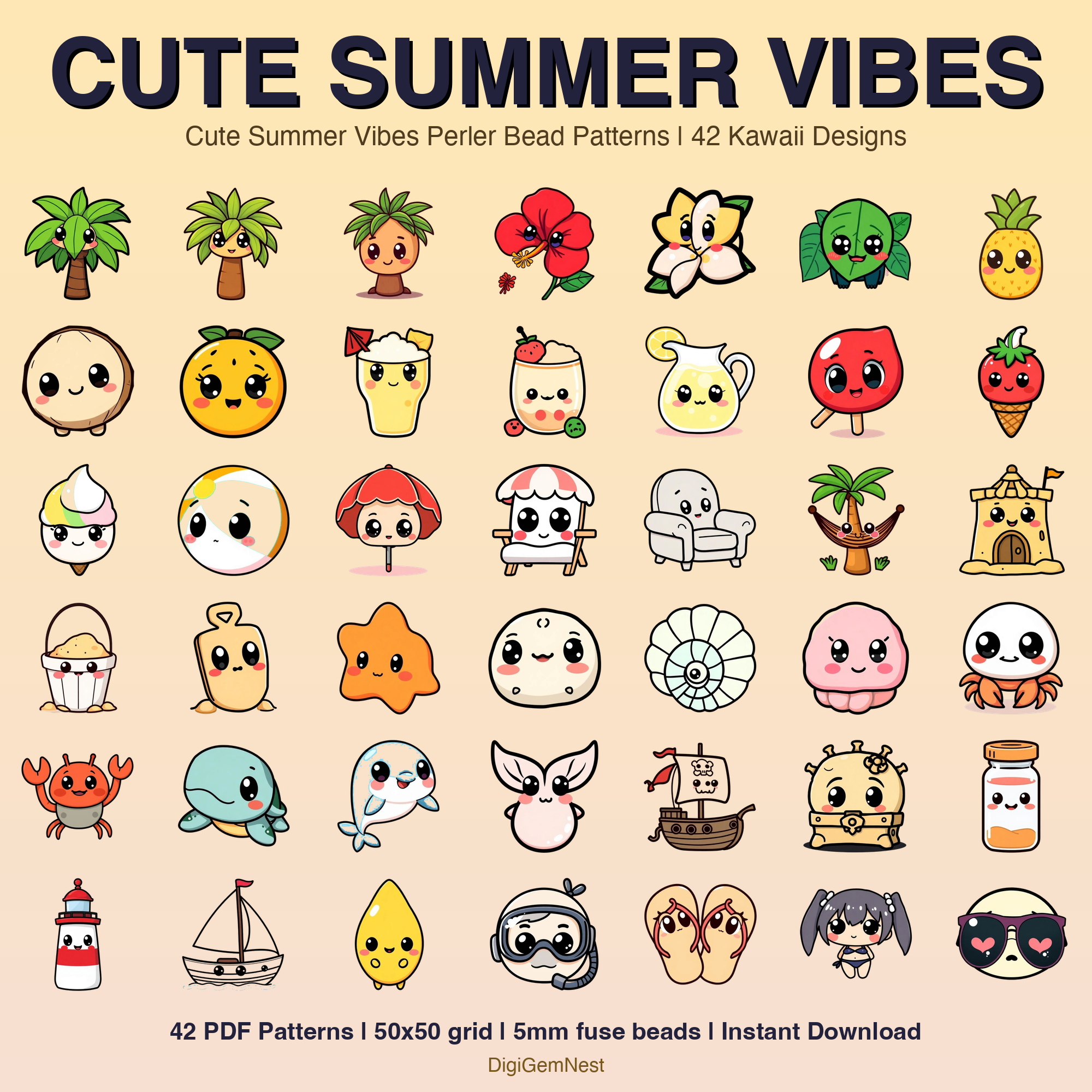 Cute Summer Vibes Perler Bead Pattern Bundle | 42 Designs | Hama Bead Compatible | PDF Digital Download