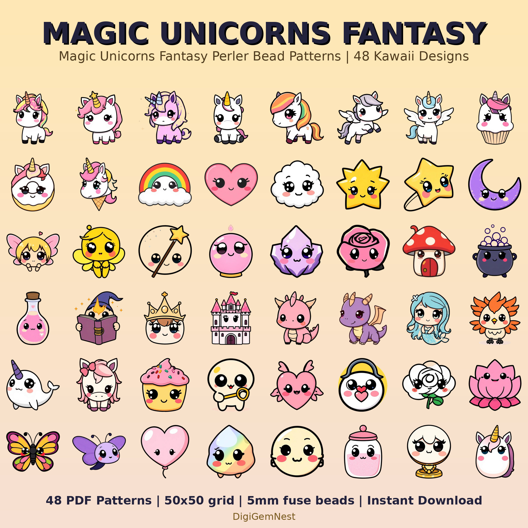 Cute Magic Unicorns Fantasy Perler Bead Pattern Bundle | 48 Designs | Hama Bead Compatible | PDF Digital Download