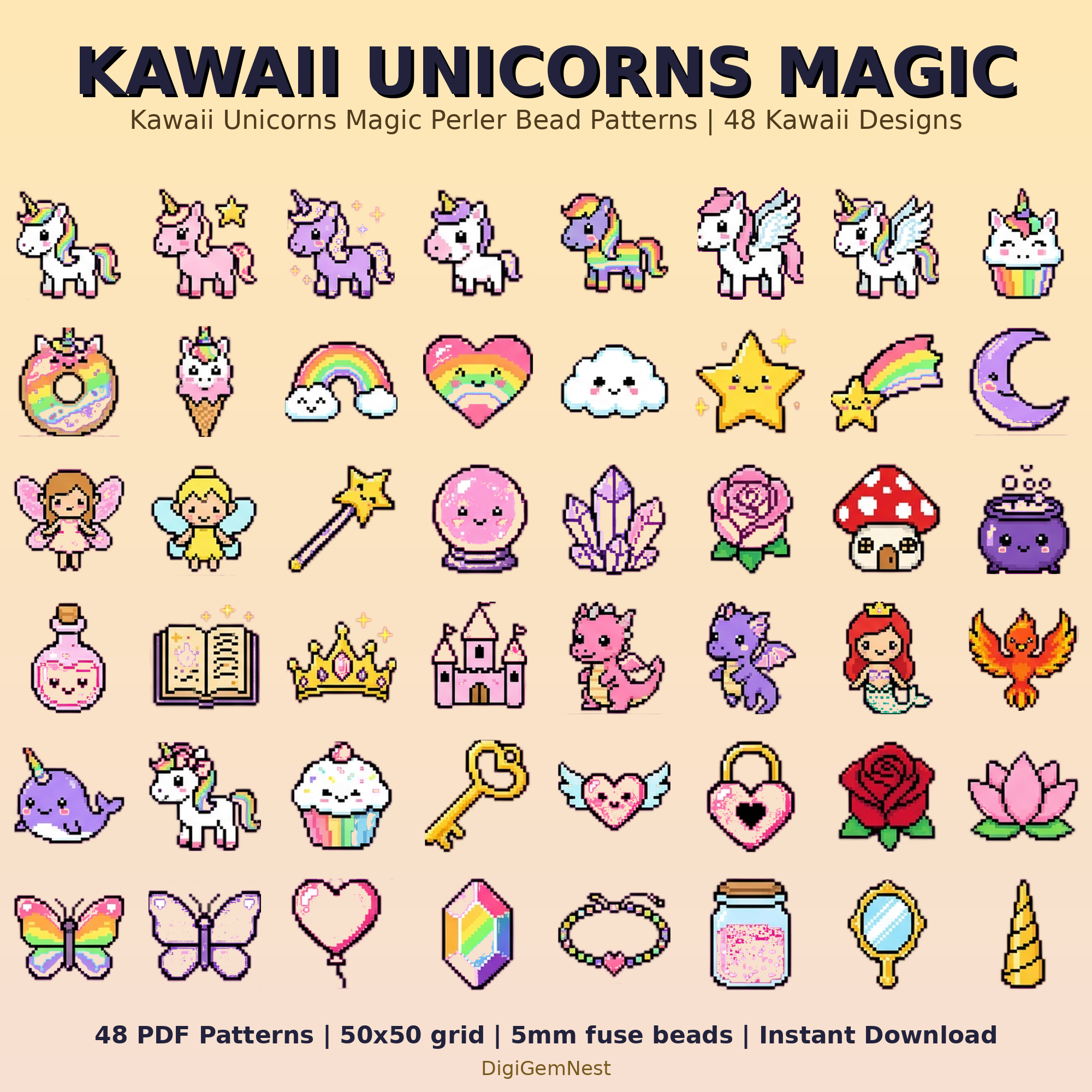 Cute Kawaii Unicorns Magic Perler Bead Pattern Bundle | 48 Designs | Hama Bead Compatible | PDF Digital Download