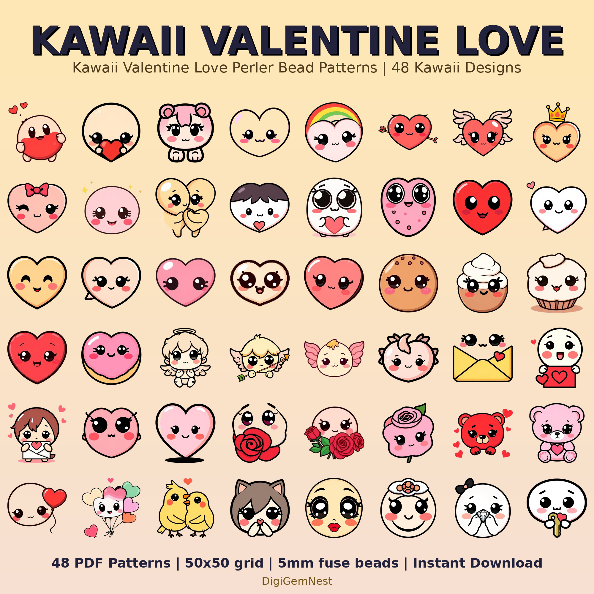 Kawaii Valentine Love Perler Bead Pattern Bundle | 48 Designs | Hama Bead Compatible | PDF Digital Download