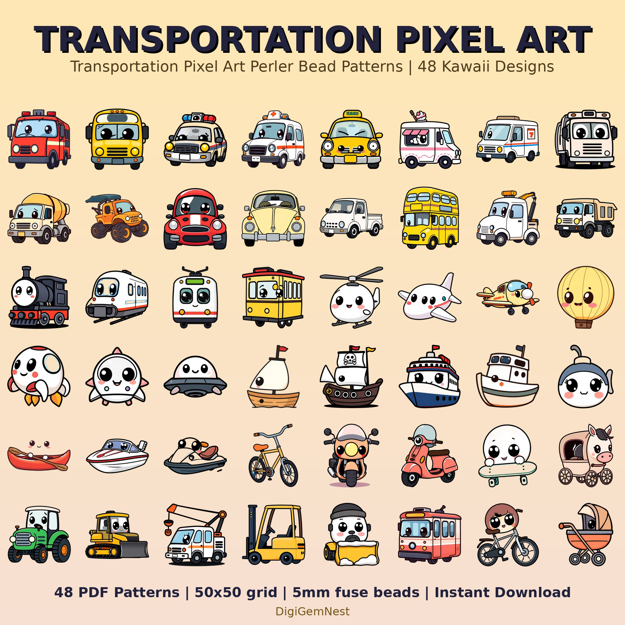 Cute Transportation Pixel Art Perler Bead Pattern Bundle | 48 Designs | Hama Bead Compatible | PDF Digital Download