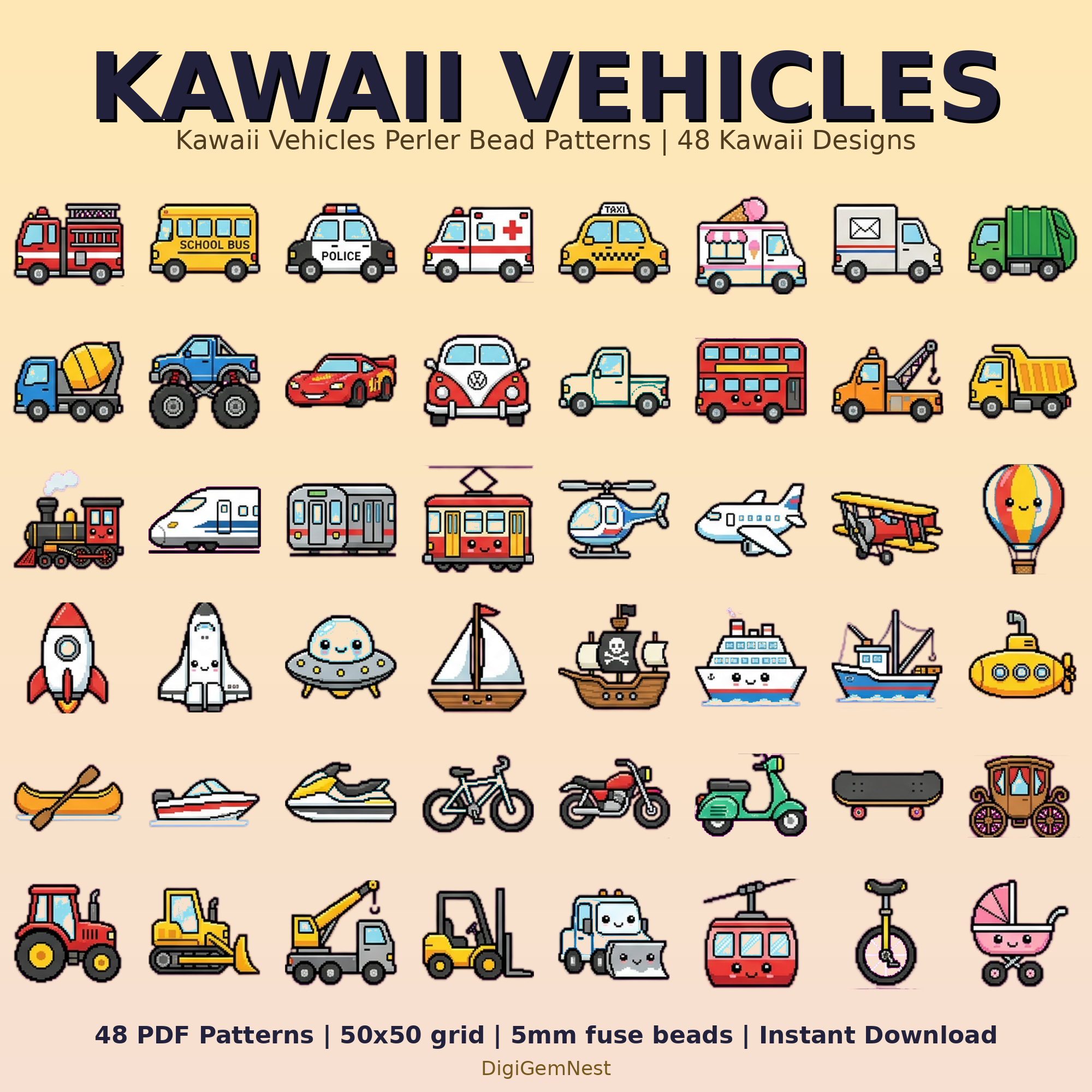 Cute Kawaii Vehicles Perler Bead Pattern Bundle | 48 Designs | Hama Bead Compatible | PDF Digital Download