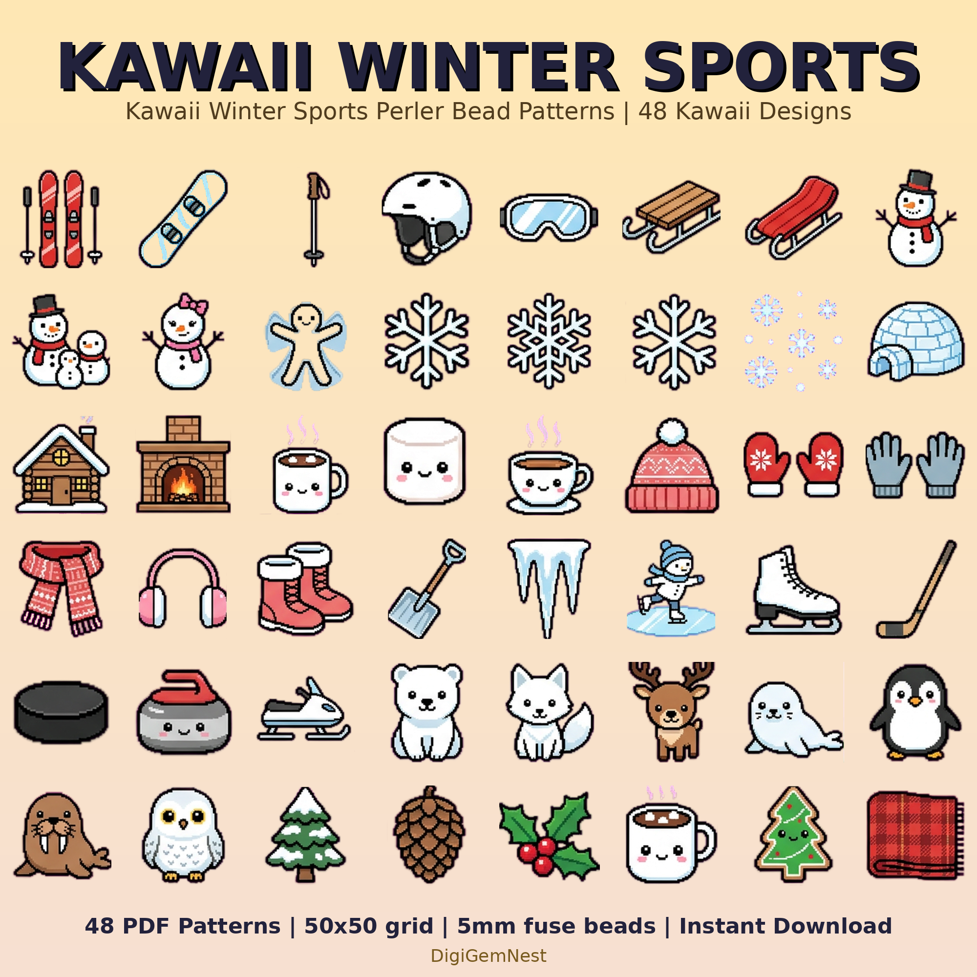 Kawaii Winter Sports Perler Bead Pattern Bundle | 48 Designs | Hama Bead Compatible | PDF Digital Download
