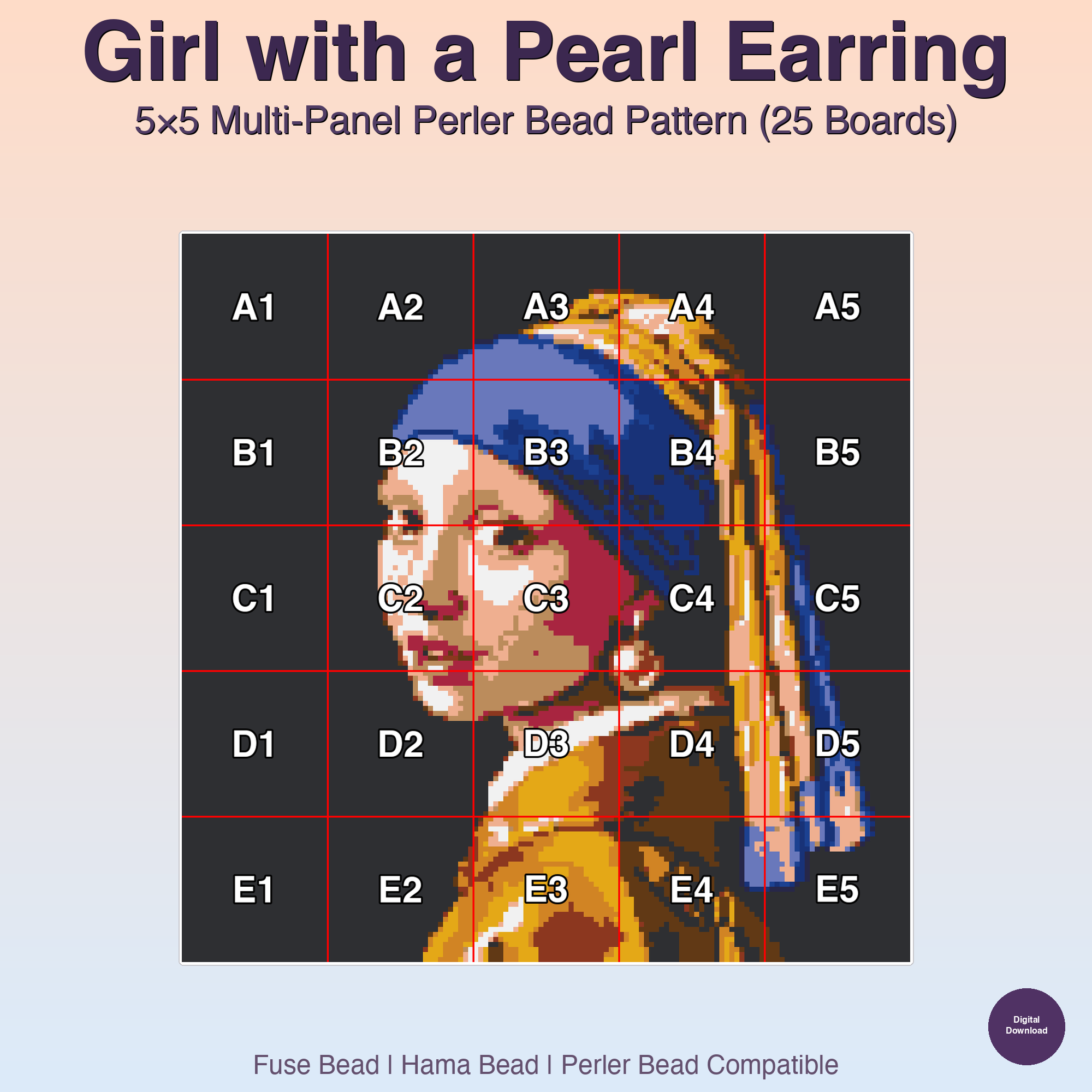 Girl with a Pearl Earring Perler Bead Pattern, 5x5 Multi-Panel (25 Boards) (PDF Digital Download)