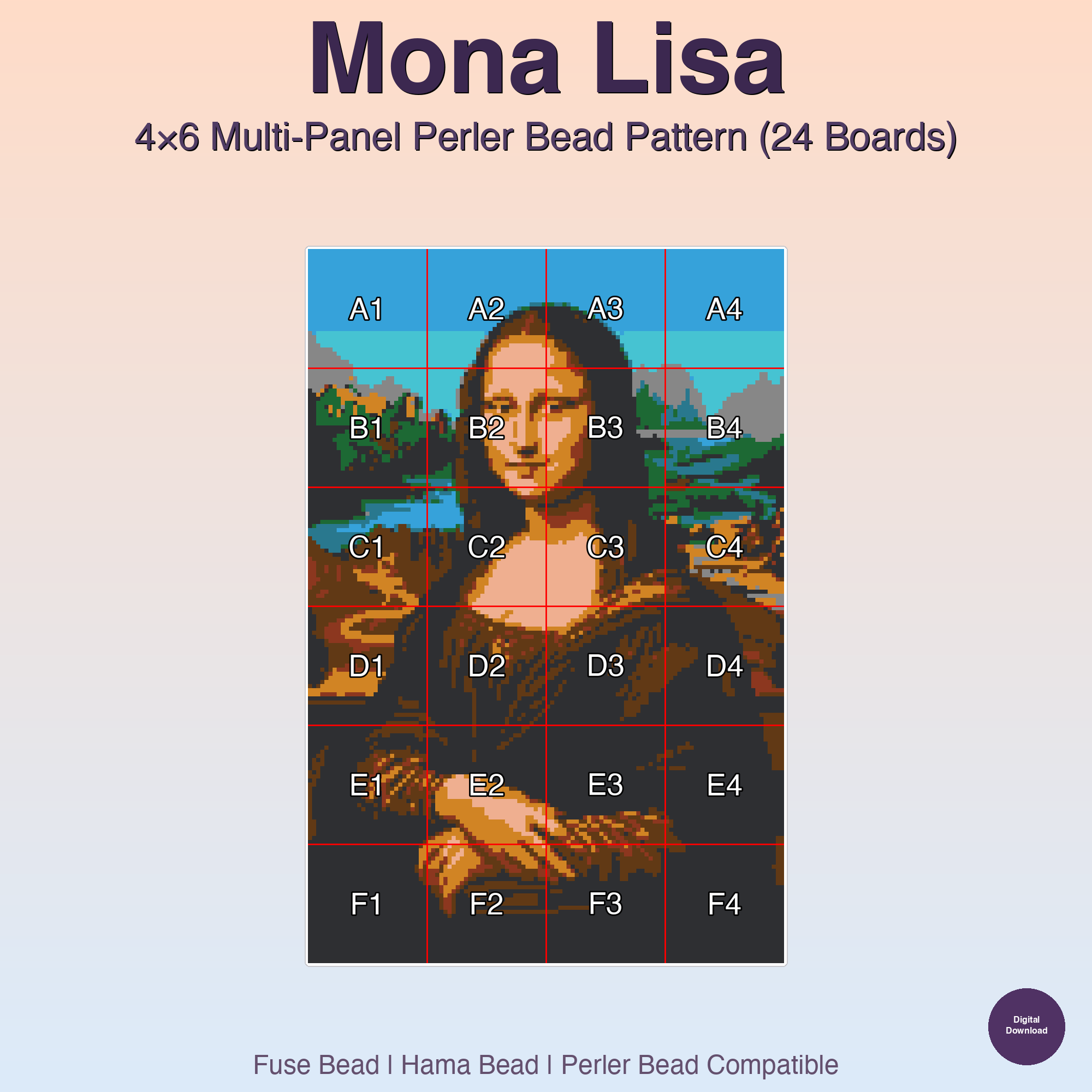 Mona Lisa Perler Bead Pattern, 4x6 Multi-Panel (24 Boards) (PDF Digital Download)