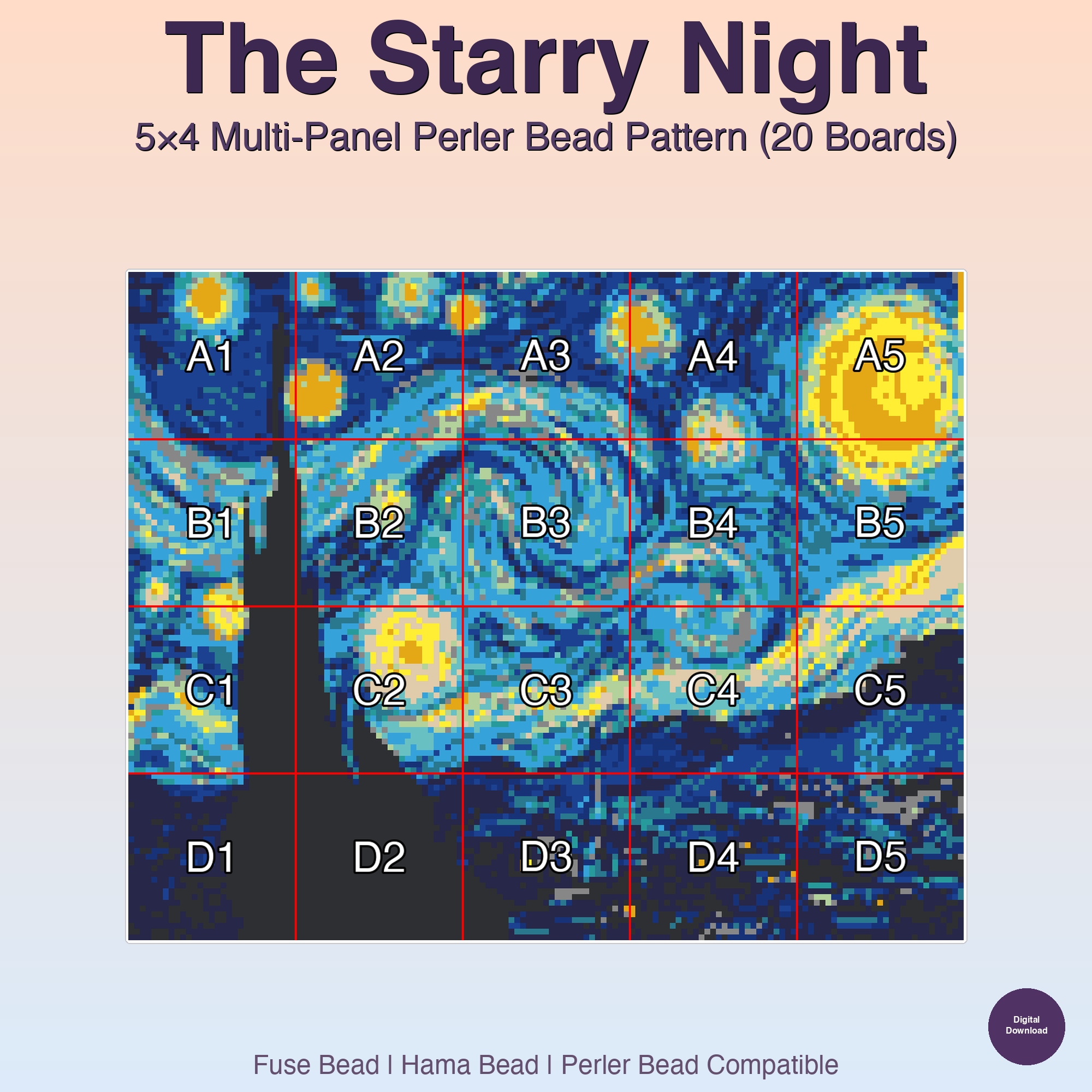 The Starry Night Perler Bead Pattern, 5x4 Multi-Panel (20 Boards) (PDF Digital Download)