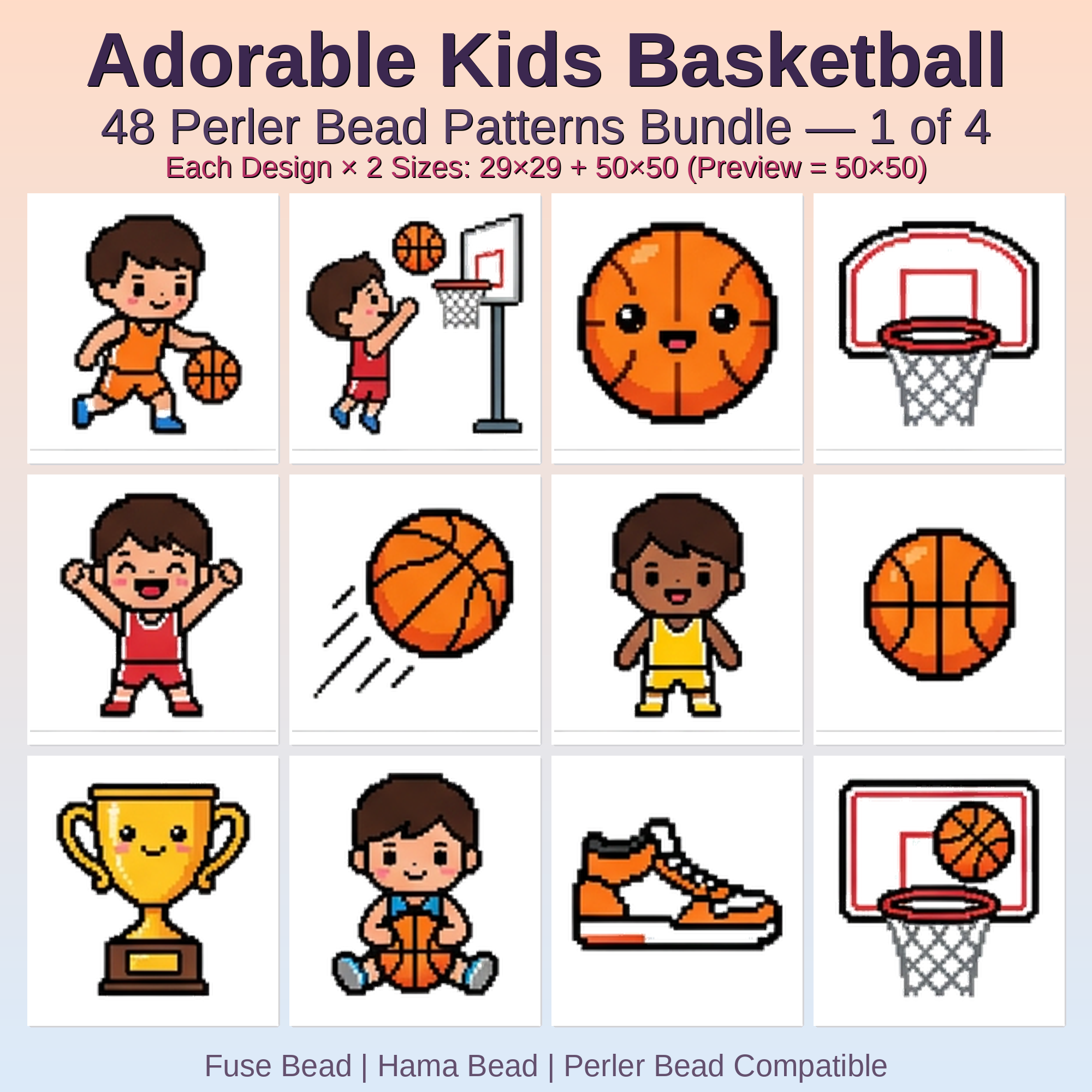 Adorable Kids Basketball Perler Bead Patterns Bundle, 48 Designs (PDF Digital Download)