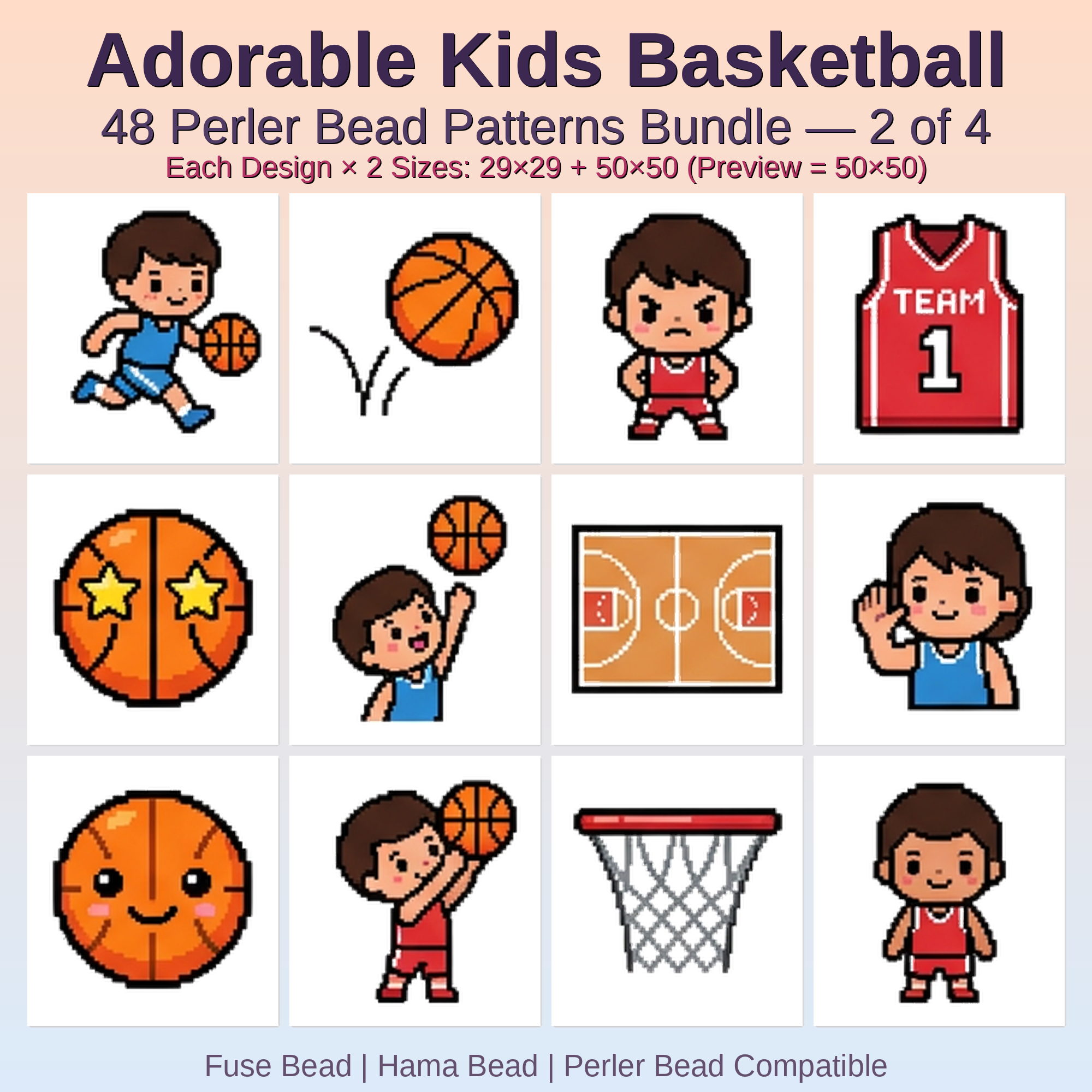 Adorable Kids Basketball Perler Bead Patterns Bundle, 48 Designs (PDF Digital Download)