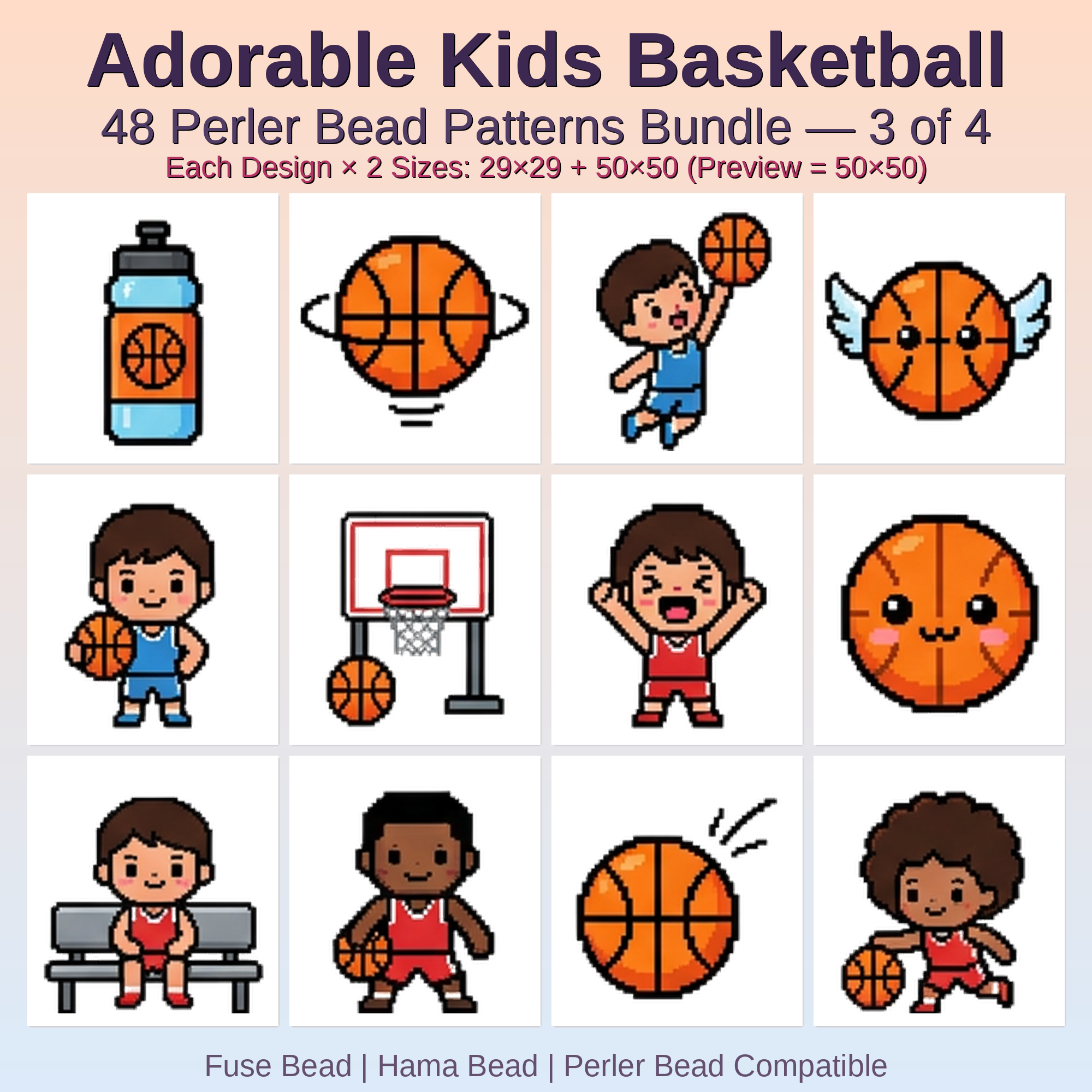 Adorable Kids Basketball Perler Bead Patterns Bundle, 48 Designs (PDF Digital Download)
