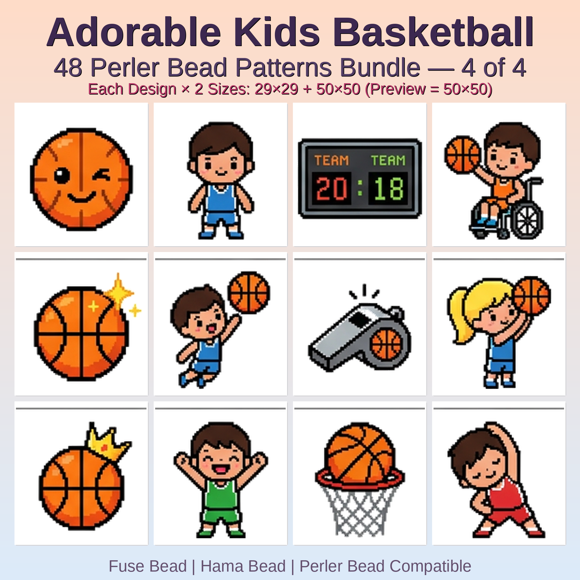 Adorable Kids Basketball Perler Bead Patterns Bundle, 48 Designs (PDF Digital Download)
