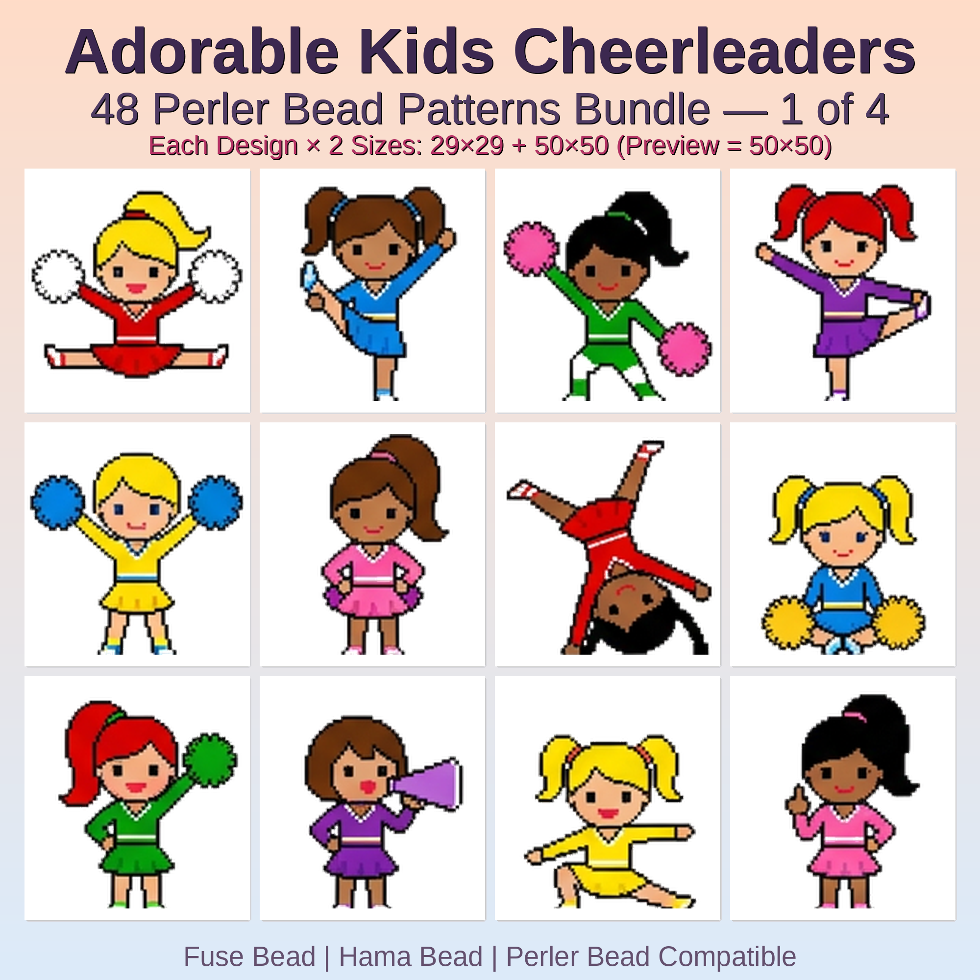 Adorable Kids Cheerleaders Perler Bead Patterns Bundle, 48 Designs (PDF Digital Download)