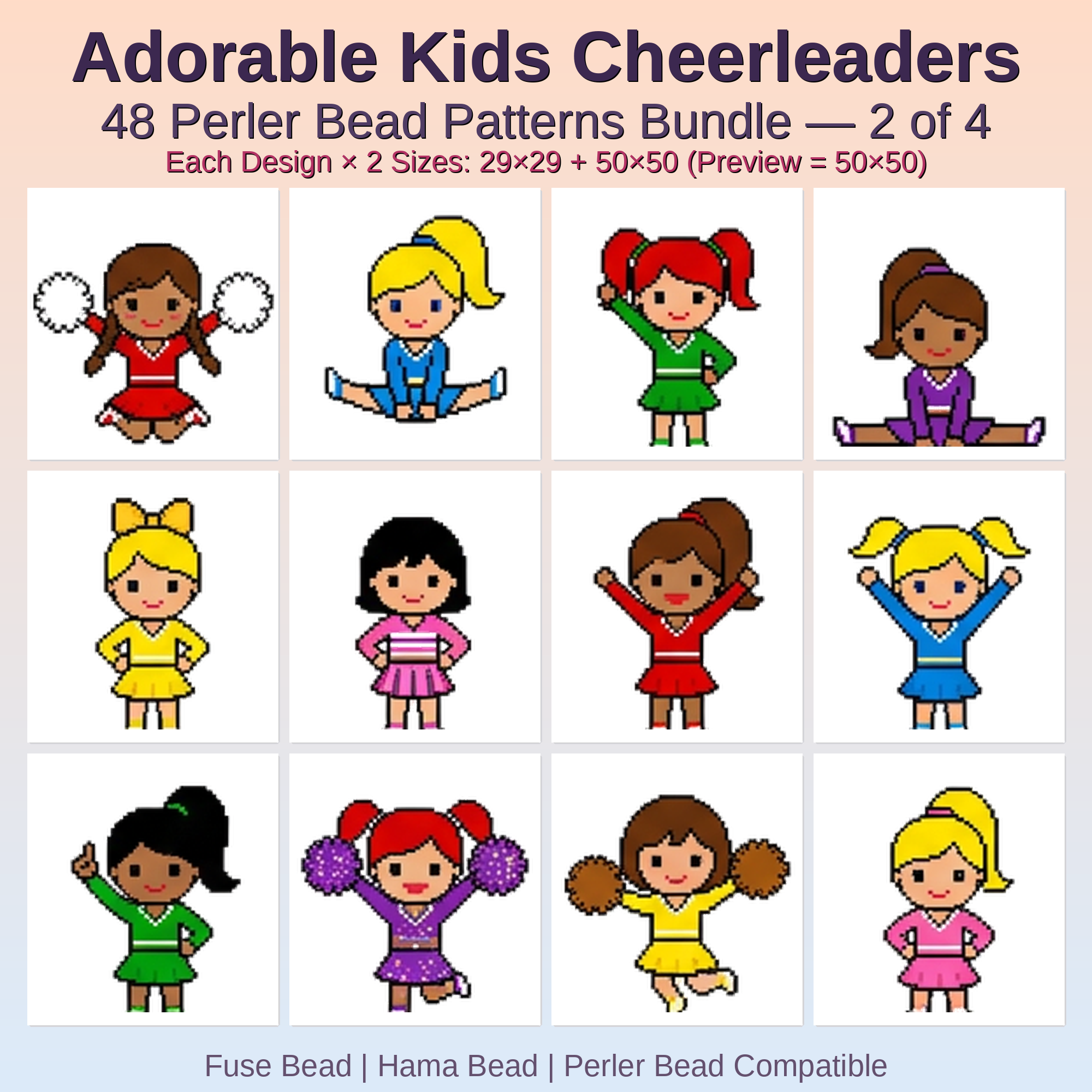 Adorable Kids Cheerleaders Perler Bead Patterns Bundle, 48 Designs (PDF Digital Download)