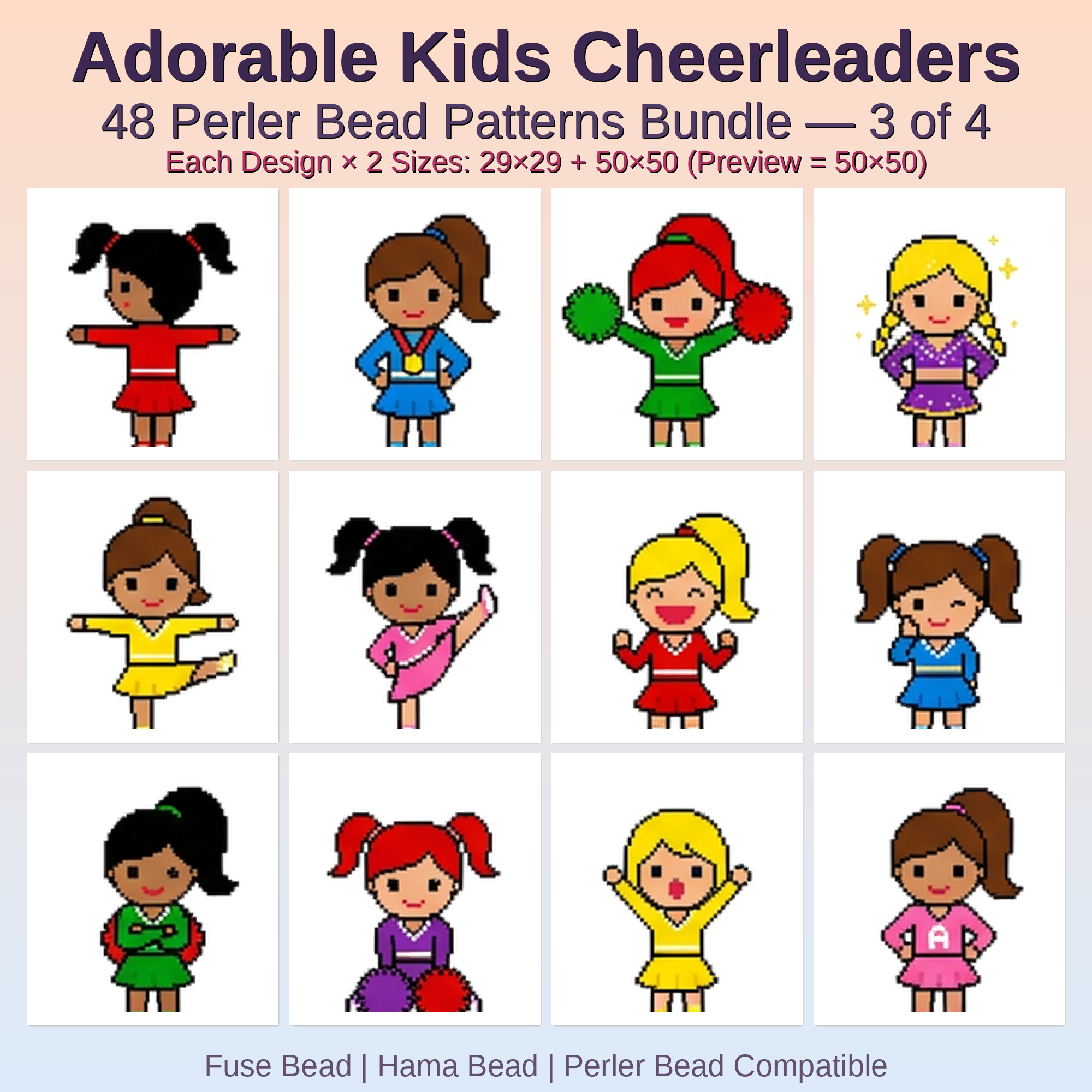 Adorable Kids Cheerleaders Perler Bead Patterns Bundle, 48 Designs (PDF Digital Download)
