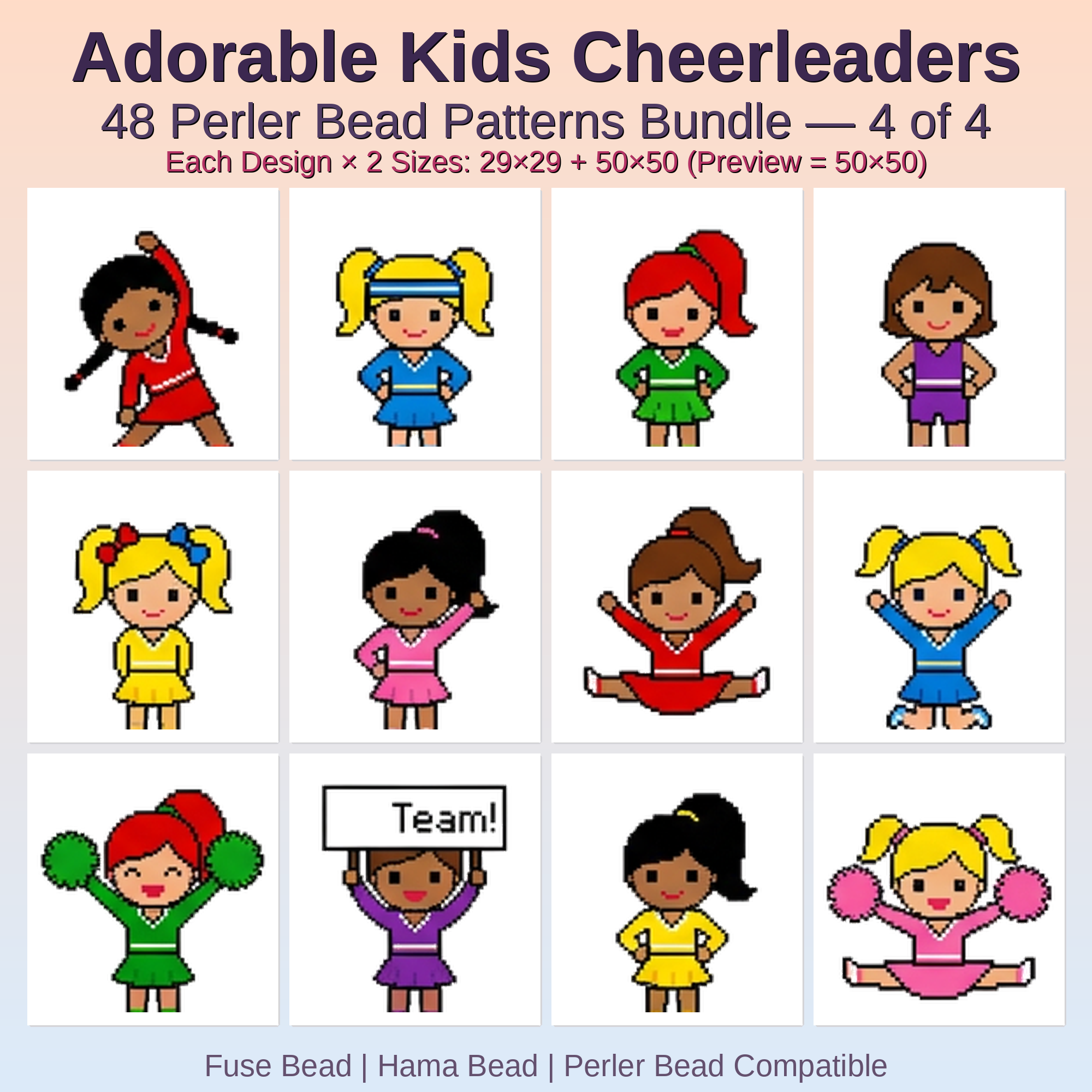 Adorable Kids Cheerleaders Perler Bead Patterns Bundle, 48 Designs (PDF Digital Download)