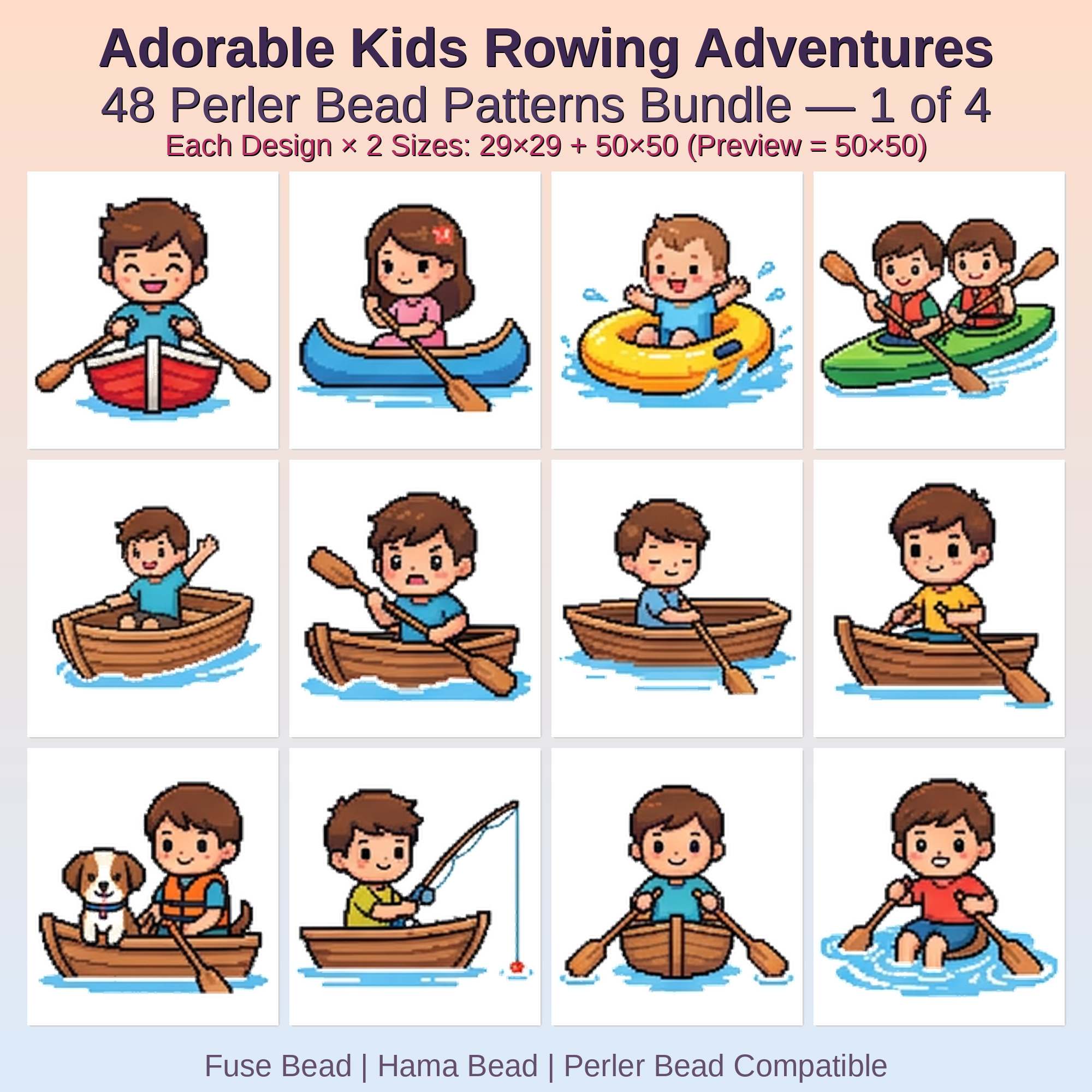 Adorable Kids Rowing Adventures Perler Bead Patterns Bundle, 48 Designs (PDF Digital Download)