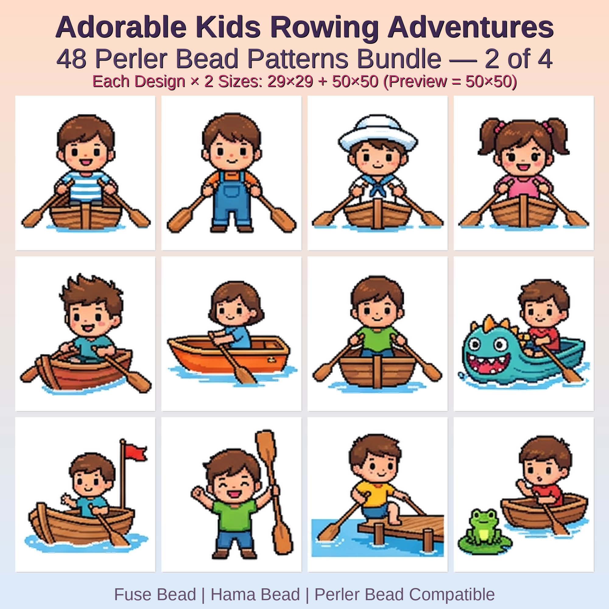 Adorable Kids Rowing Adventures Perler Bead Patterns Bundle, 48 Designs (PDF Digital Download)