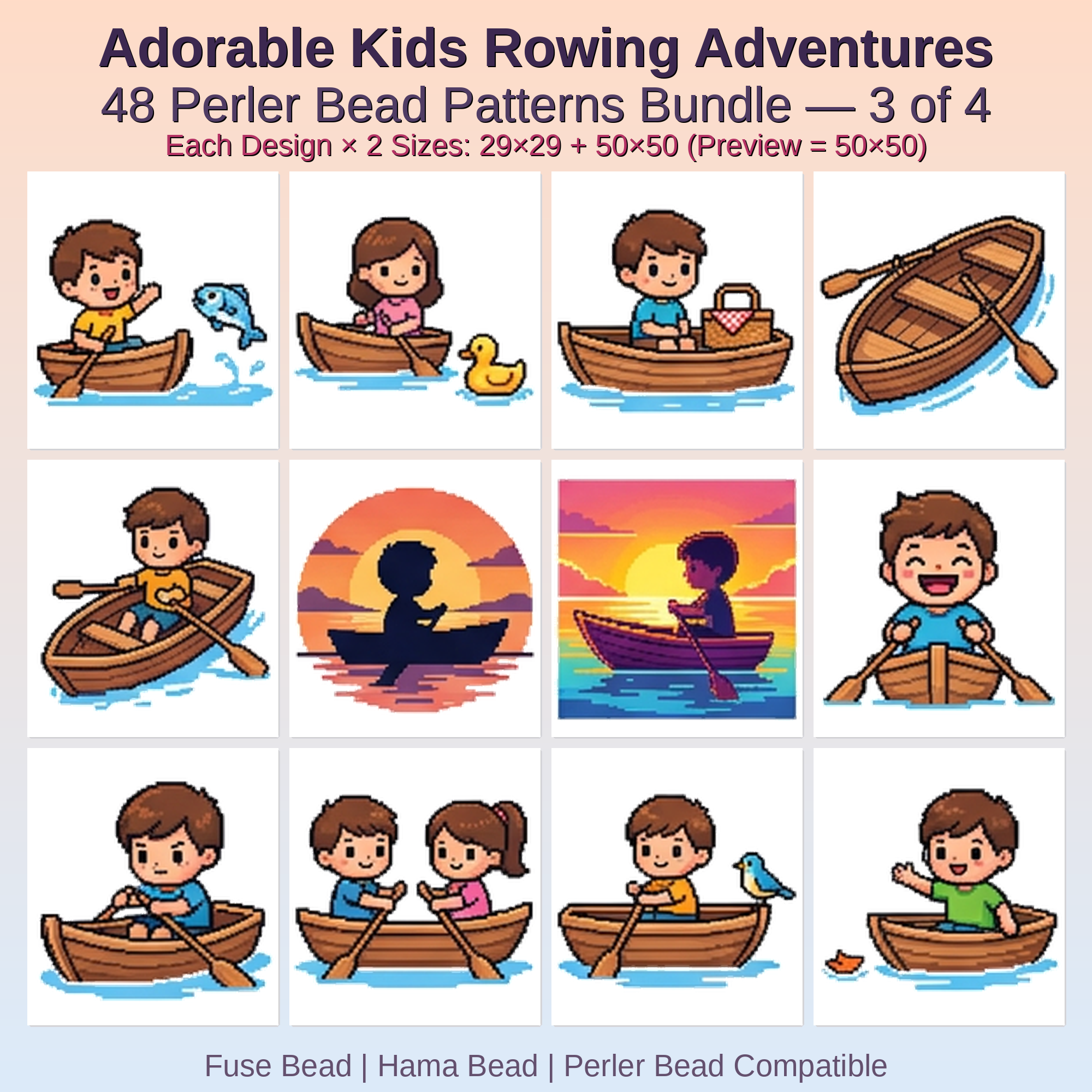 Adorable Kids Rowing Adventures Perler Bead Patterns Bundle, 48 Designs (PDF Digital Download)