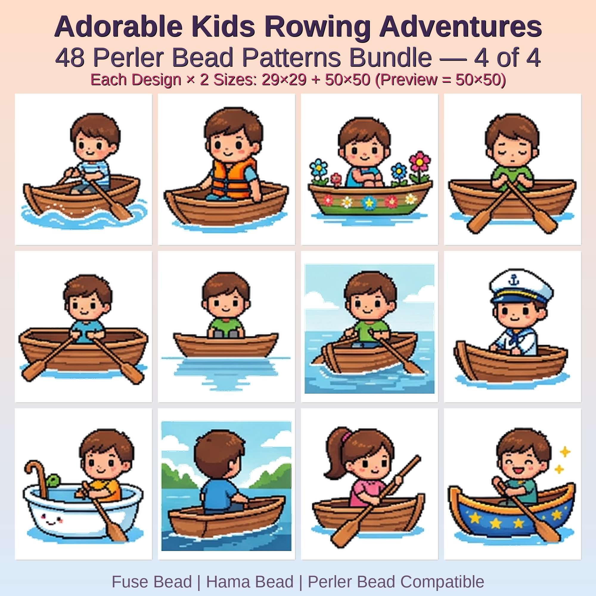 Adorable Kids Rowing Adventures Perler Bead Patterns Bundle, 48 Designs (PDF Digital Download)