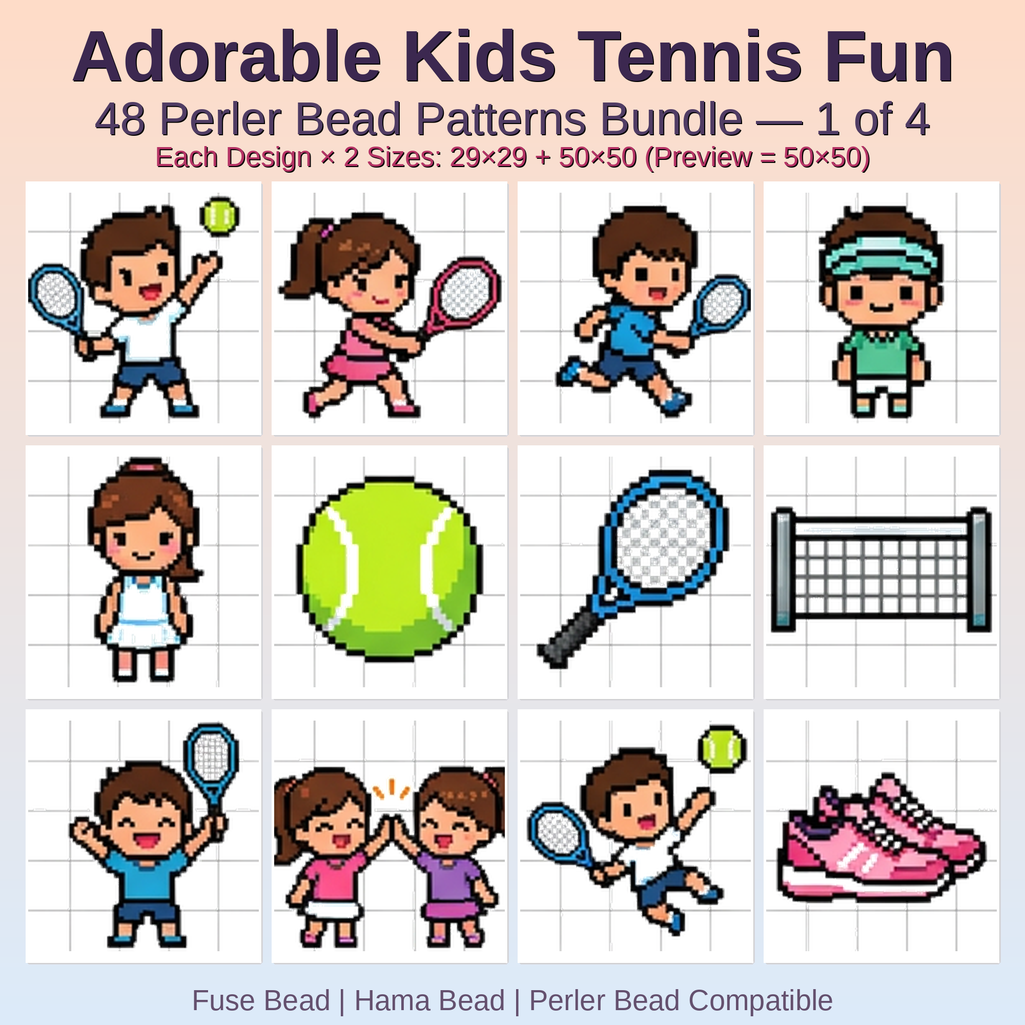 Adorable Kids Tennis Fun Perler Bead Patterns Bundle, 48 Designs (PDF Digital Download)