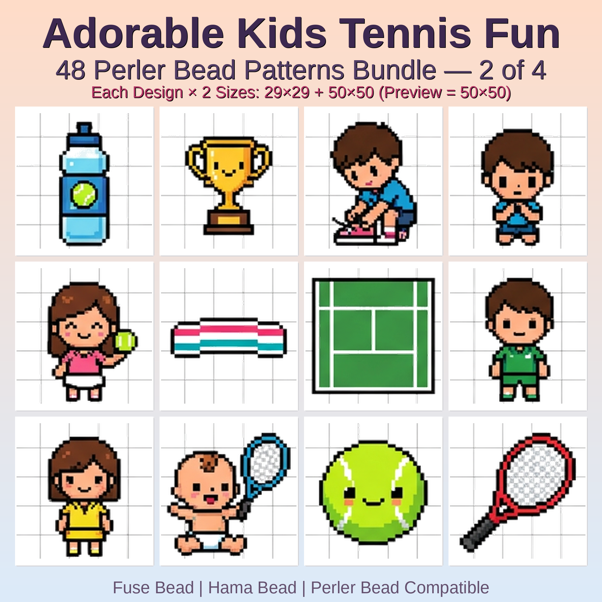 Adorable Kids Tennis Fun Perler Bead Patterns Bundle, 48 Designs (PDF Digital Download)