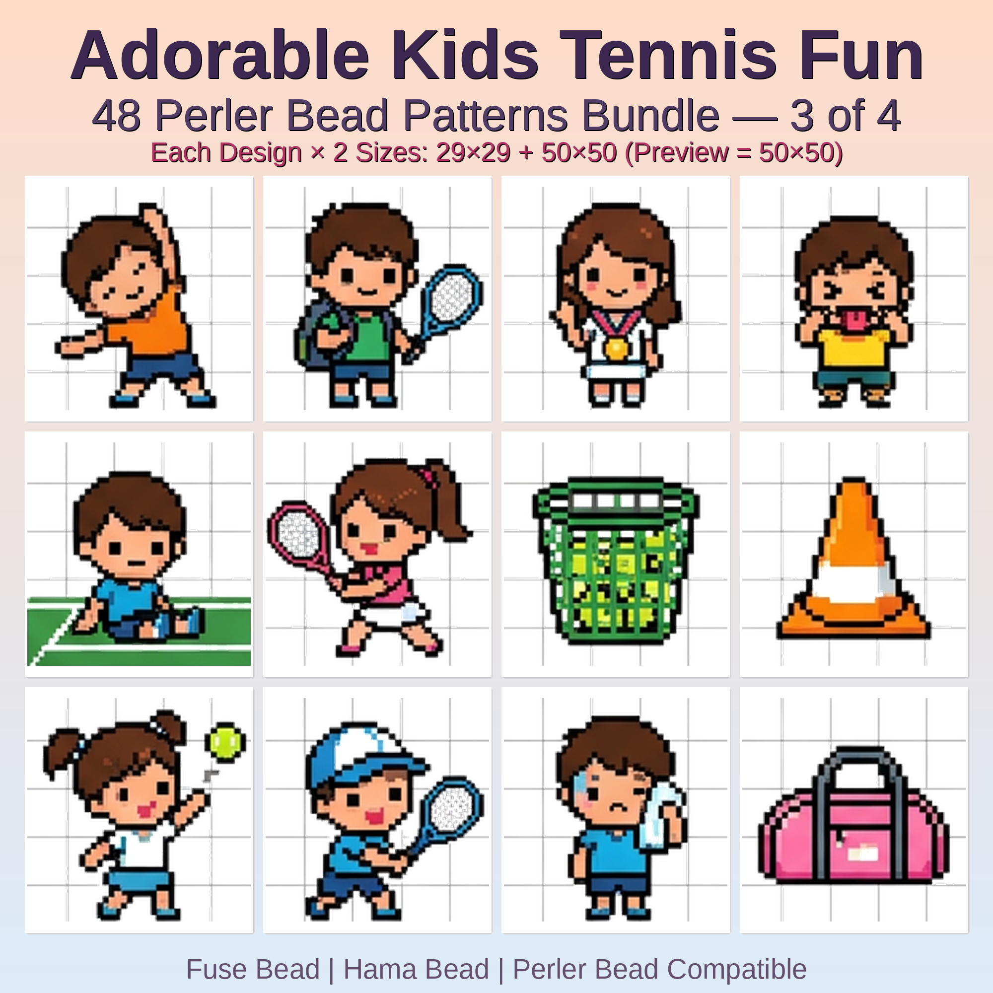 Adorable Kids Tennis Fun Perler Bead Patterns Bundle, 48 Designs (PDF Digital Download)