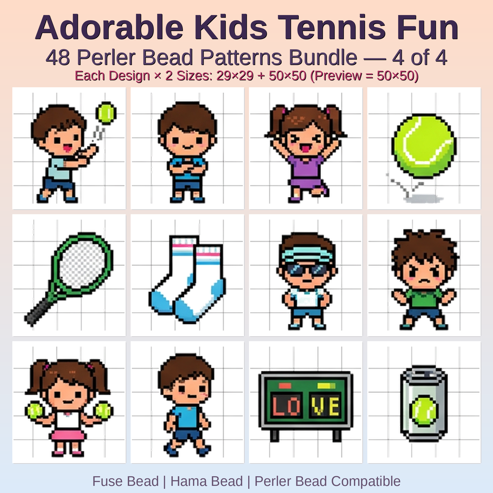 Adorable Kids Tennis Fun Perler Bead Patterns Bundle, 48 Designs (PDF Digital Download)
